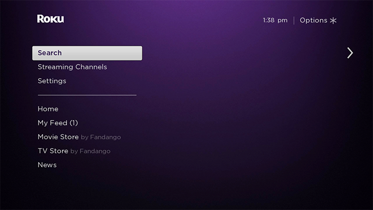 Home screen of a Roku device with the SEARCH option highlighted
