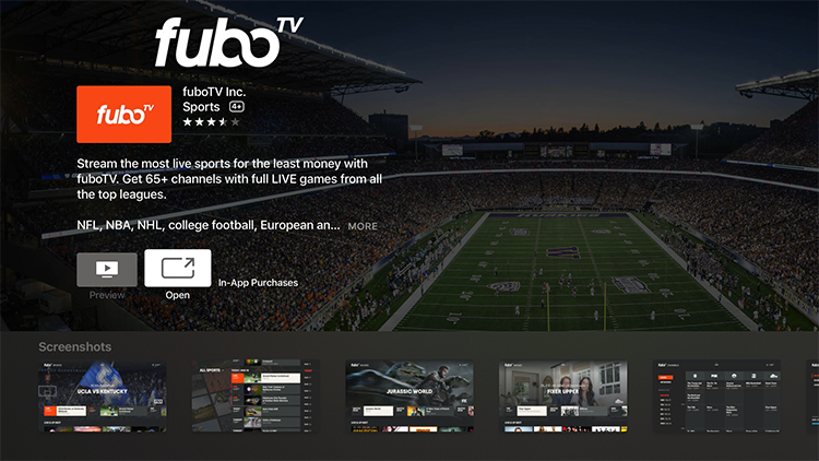 FuboTV app information screen from the Apple TV app store with the app downloaded; the INSTALL button has changed to say OPEN