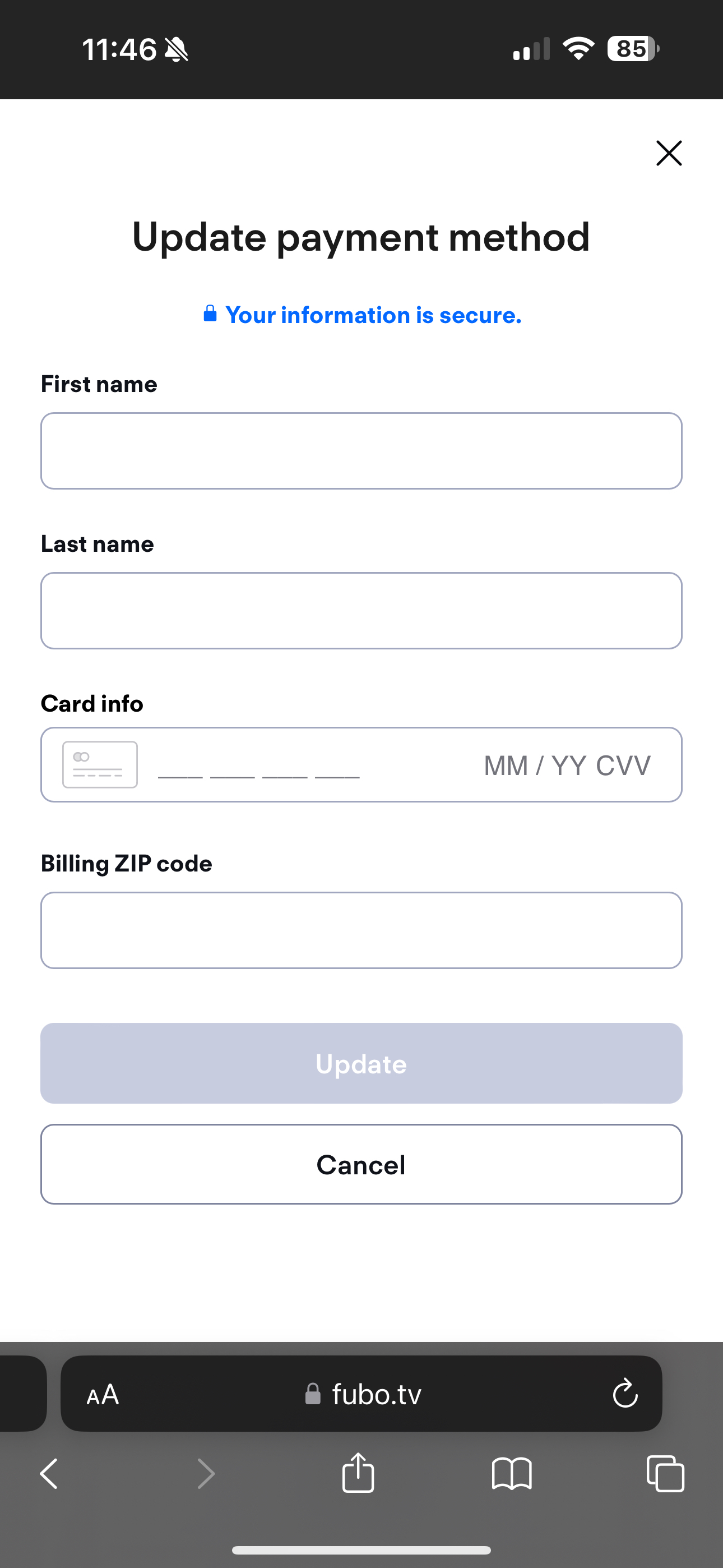 Card info update screen of the My Account page of the Fubo website on a mobile device