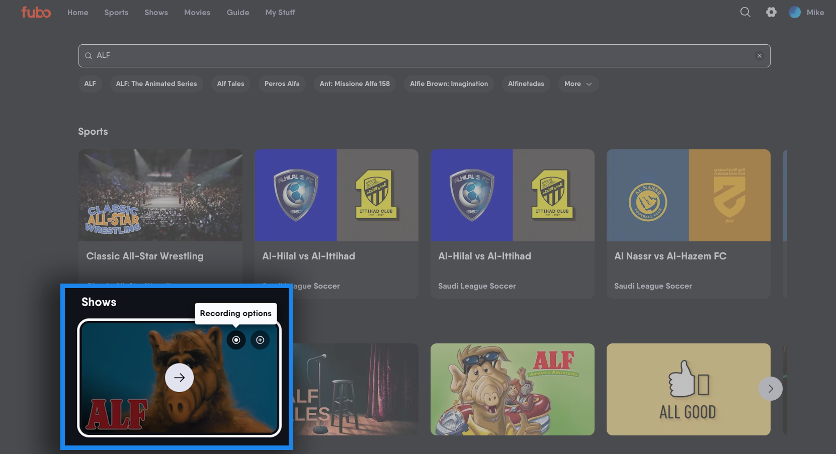 The recording options icon on a series tile on the Fubo website app