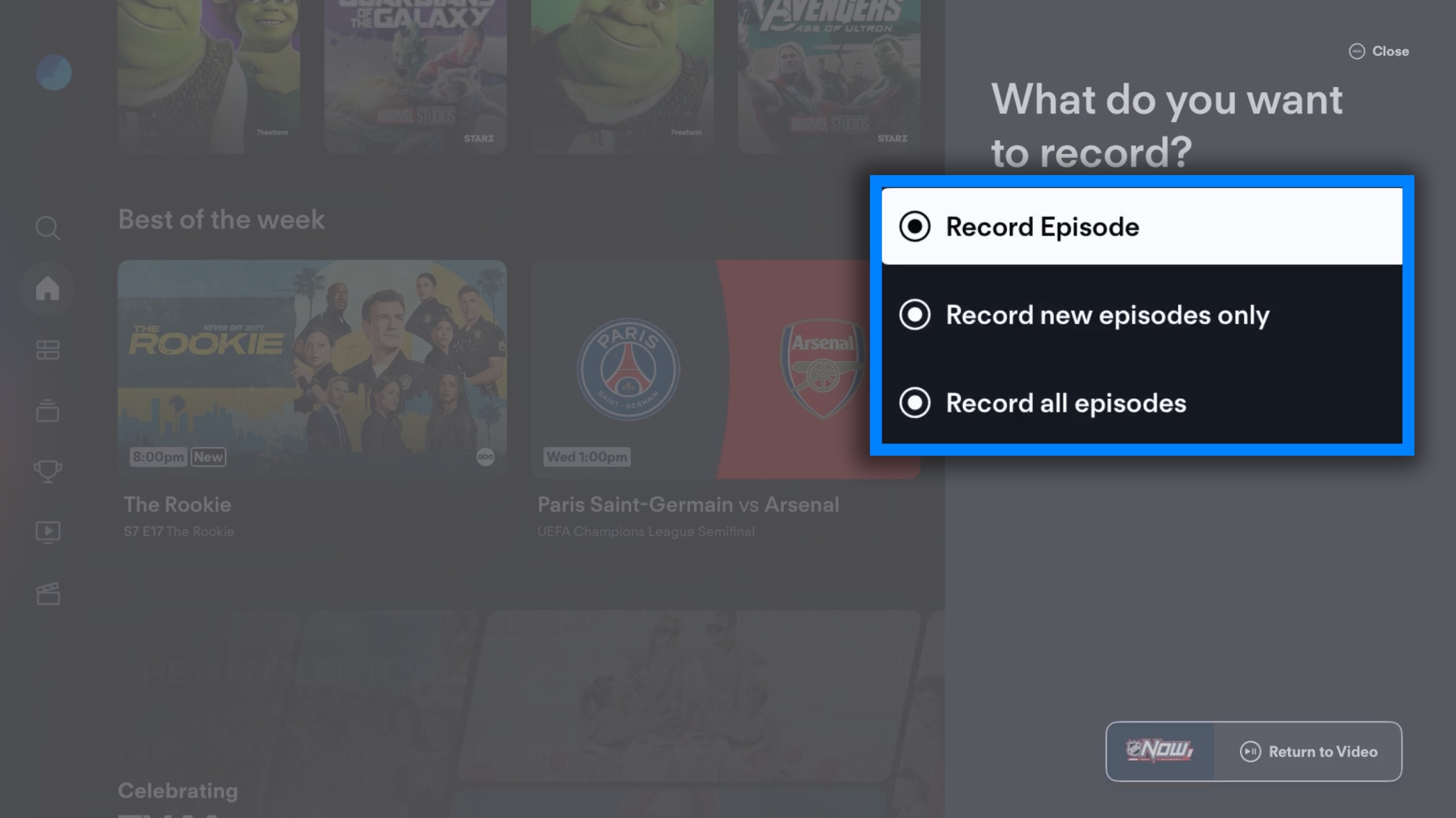 Series recording options from the Fubo app on a connected device
