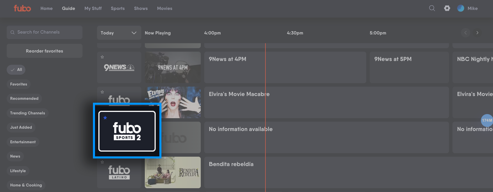 Channel tile of the Fubo web app with a blue star showing the channel has been added to favorites