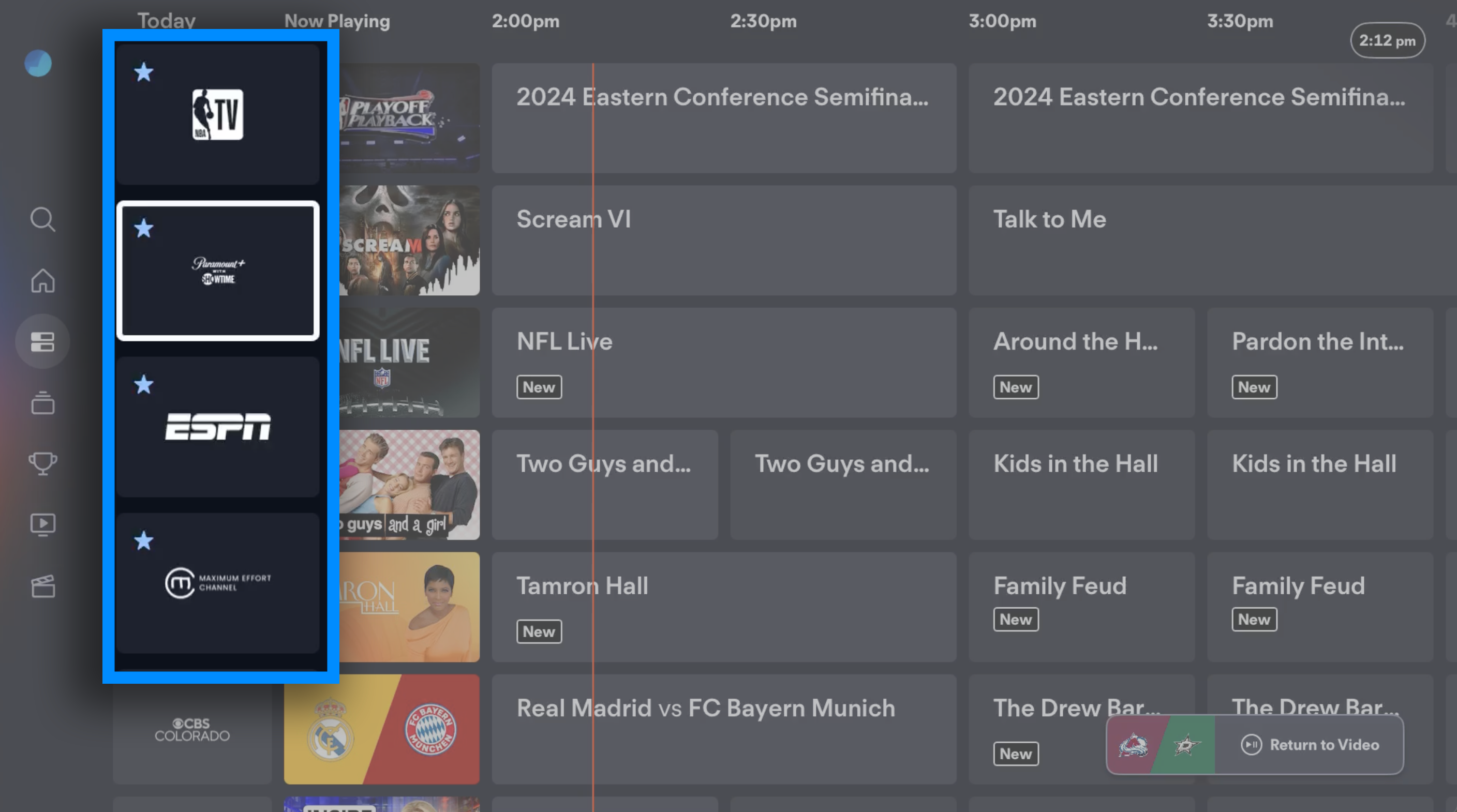 Favorite channels with a star shown in the Fubo app on Apple TV