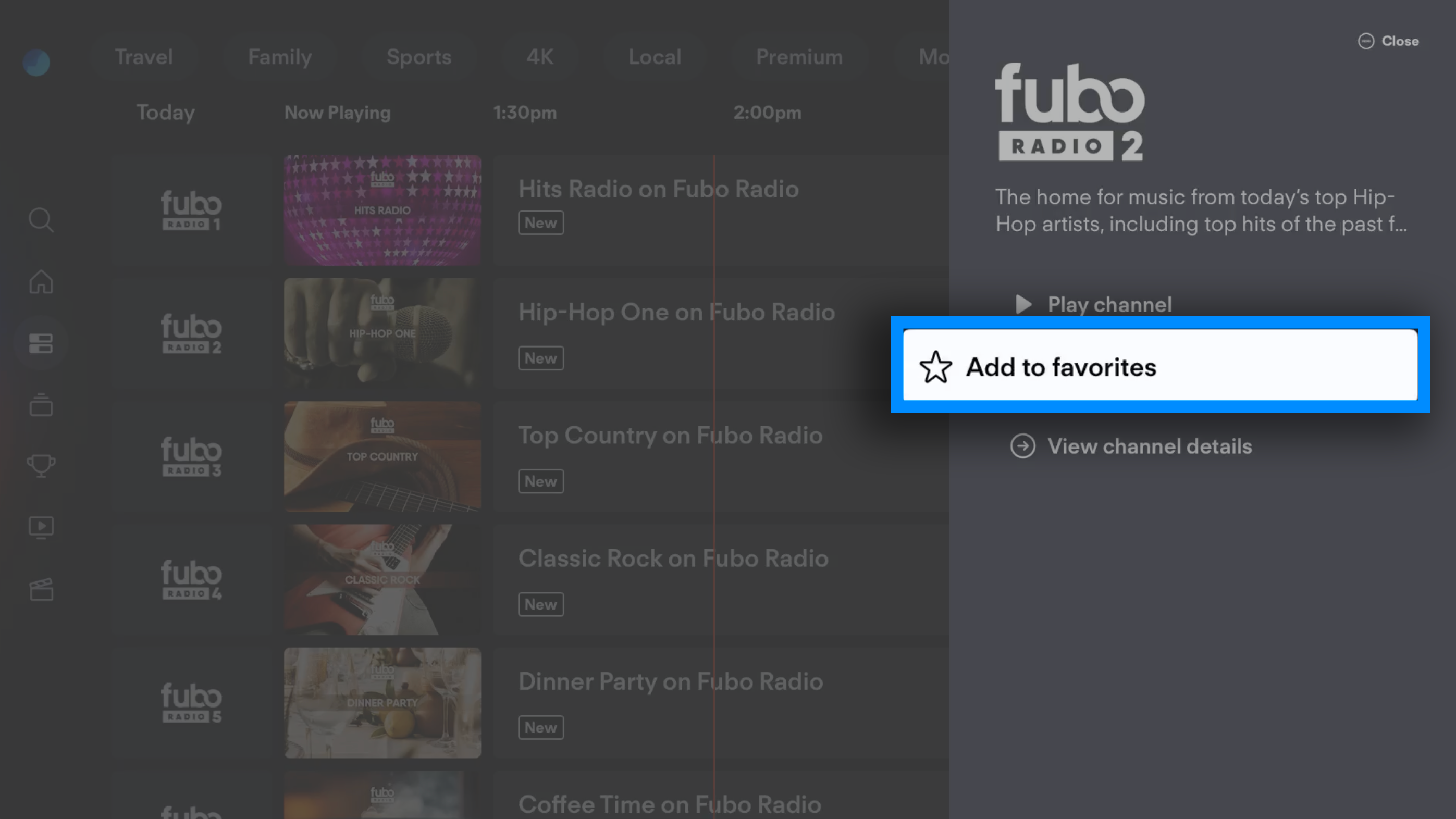 Context menu of a channel in the Fubo app with Add to Favorites highlighted