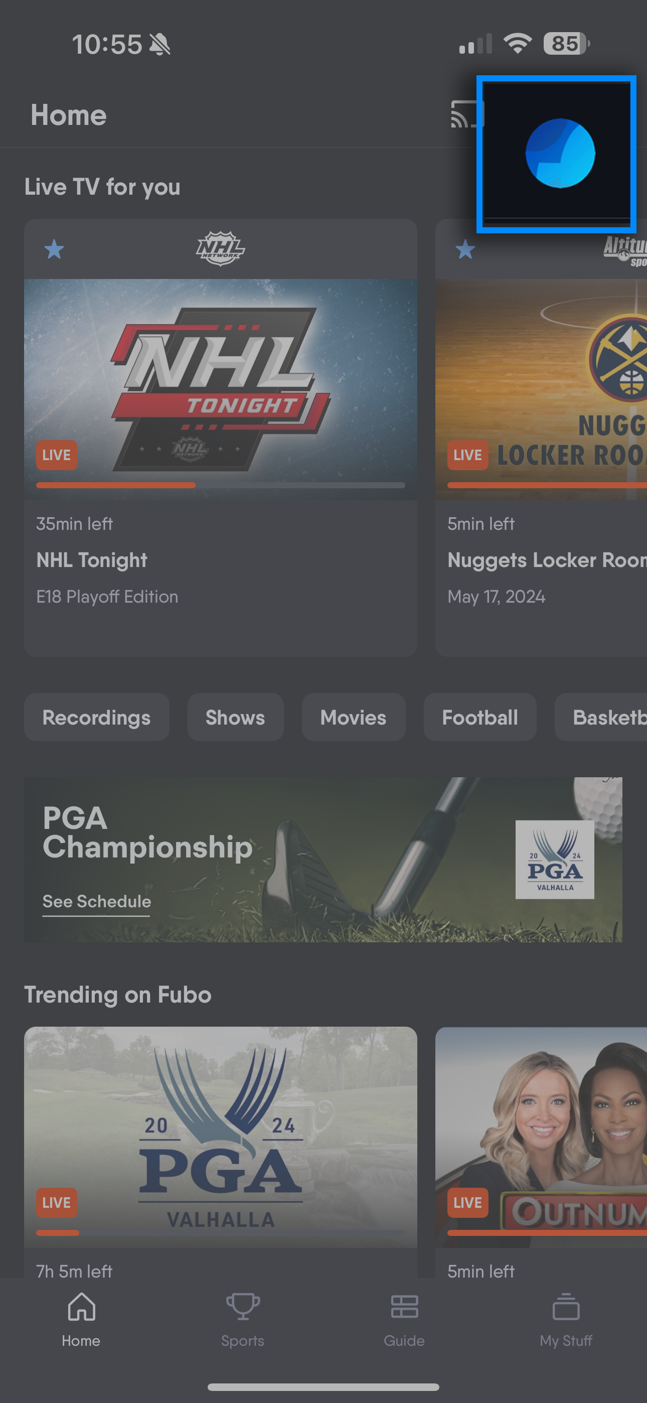 Profile icon of the Fubo mobile app highlighted in the top menu