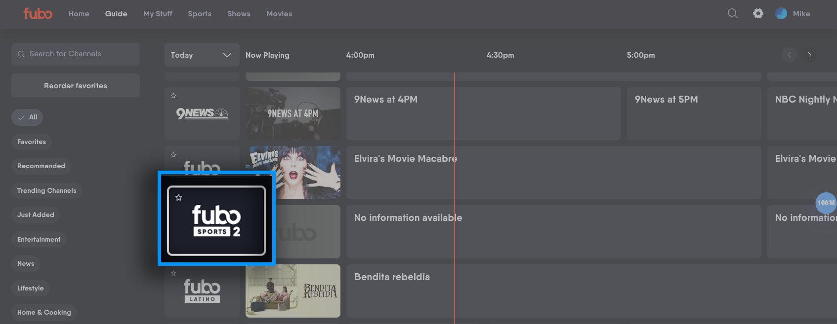 Channel tile of the Fubo web app with a transparent star showing the channel is not added to favorites