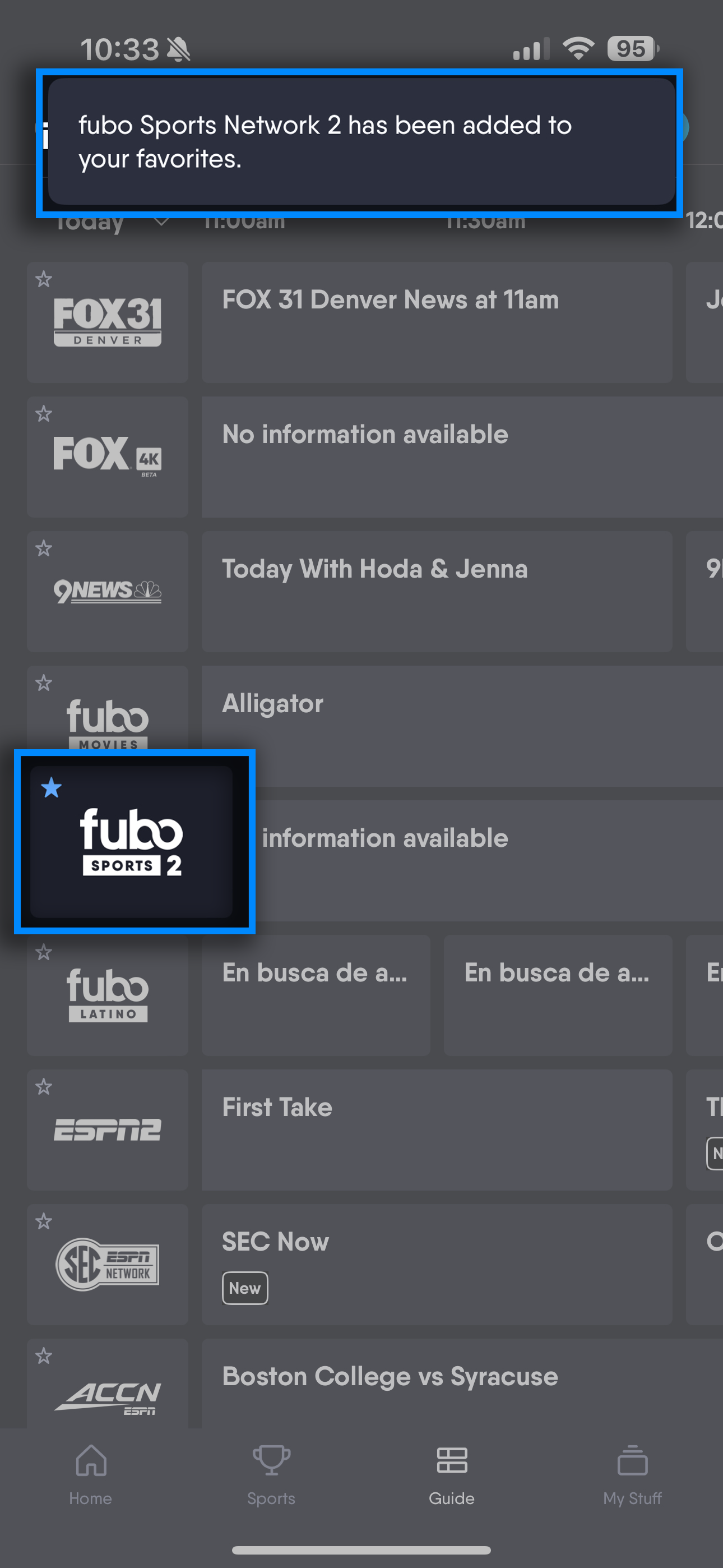 Channel tile of the Fubo mobile app with a blue star showing the channel has been added to favorites