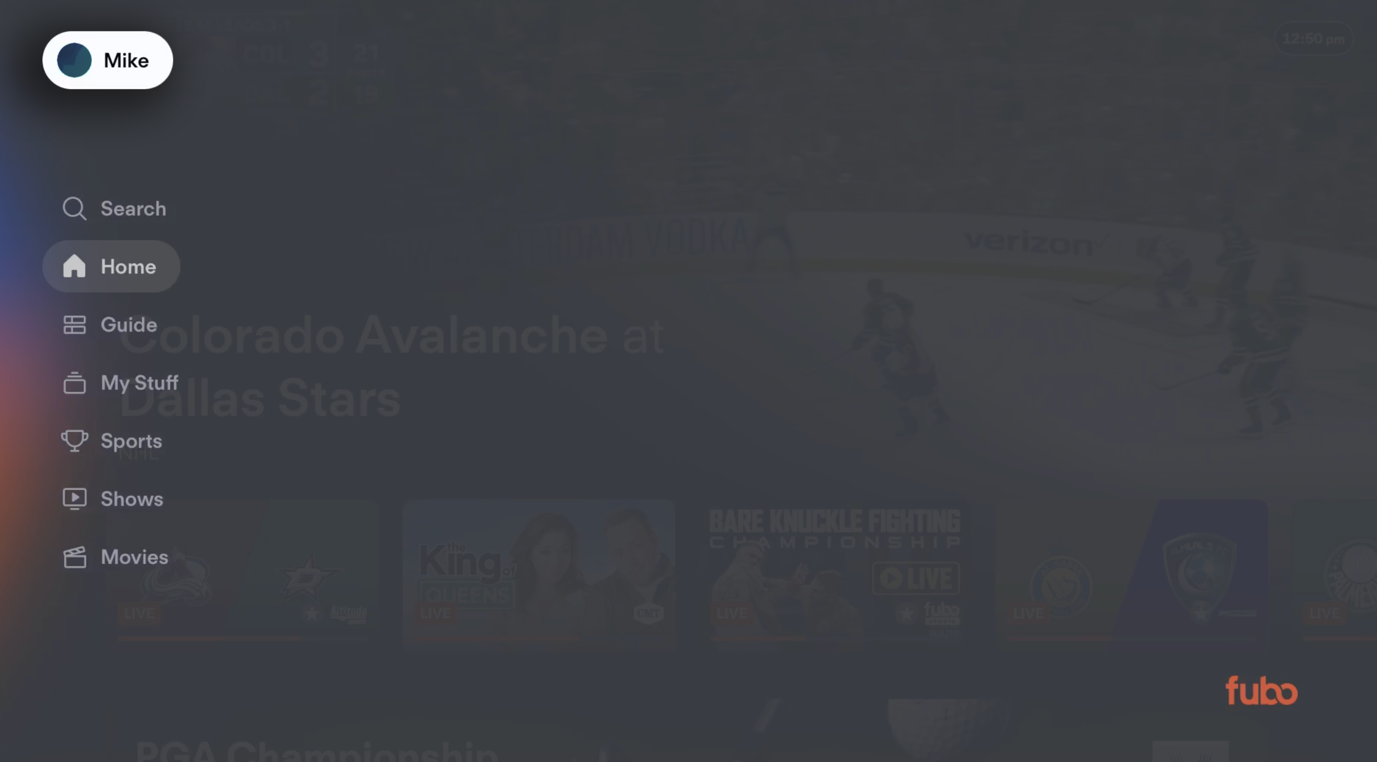 Profile icon at the top of the main menu in the Fubo app on a connected device