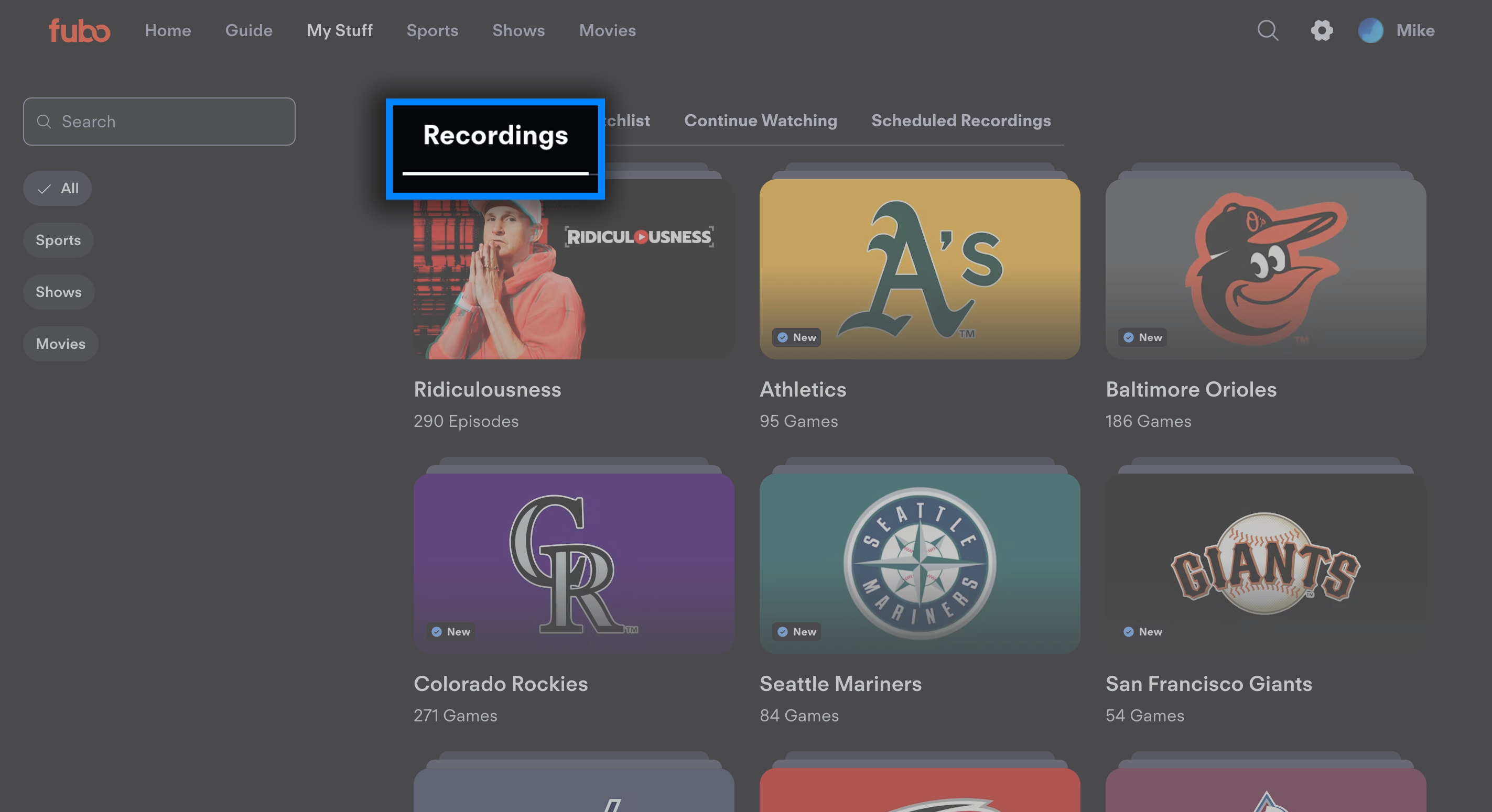 Recordings screen of the MY STUFF page on the Fubo website