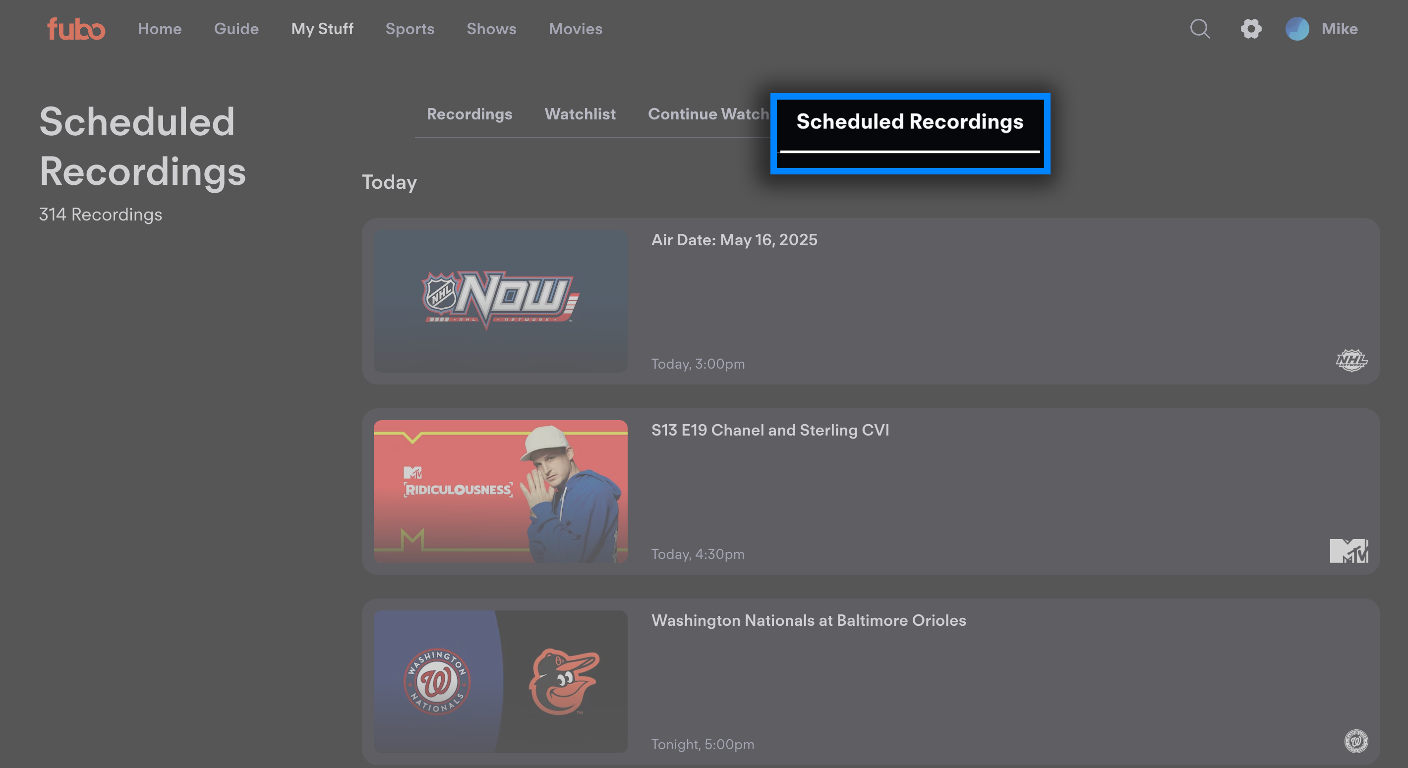 Scheduled Recordings screen of the MY STUFF page on the Fubo website