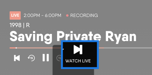 WATCH LIVE button for FuboTV on a browser, available when the program you are watching is behind live