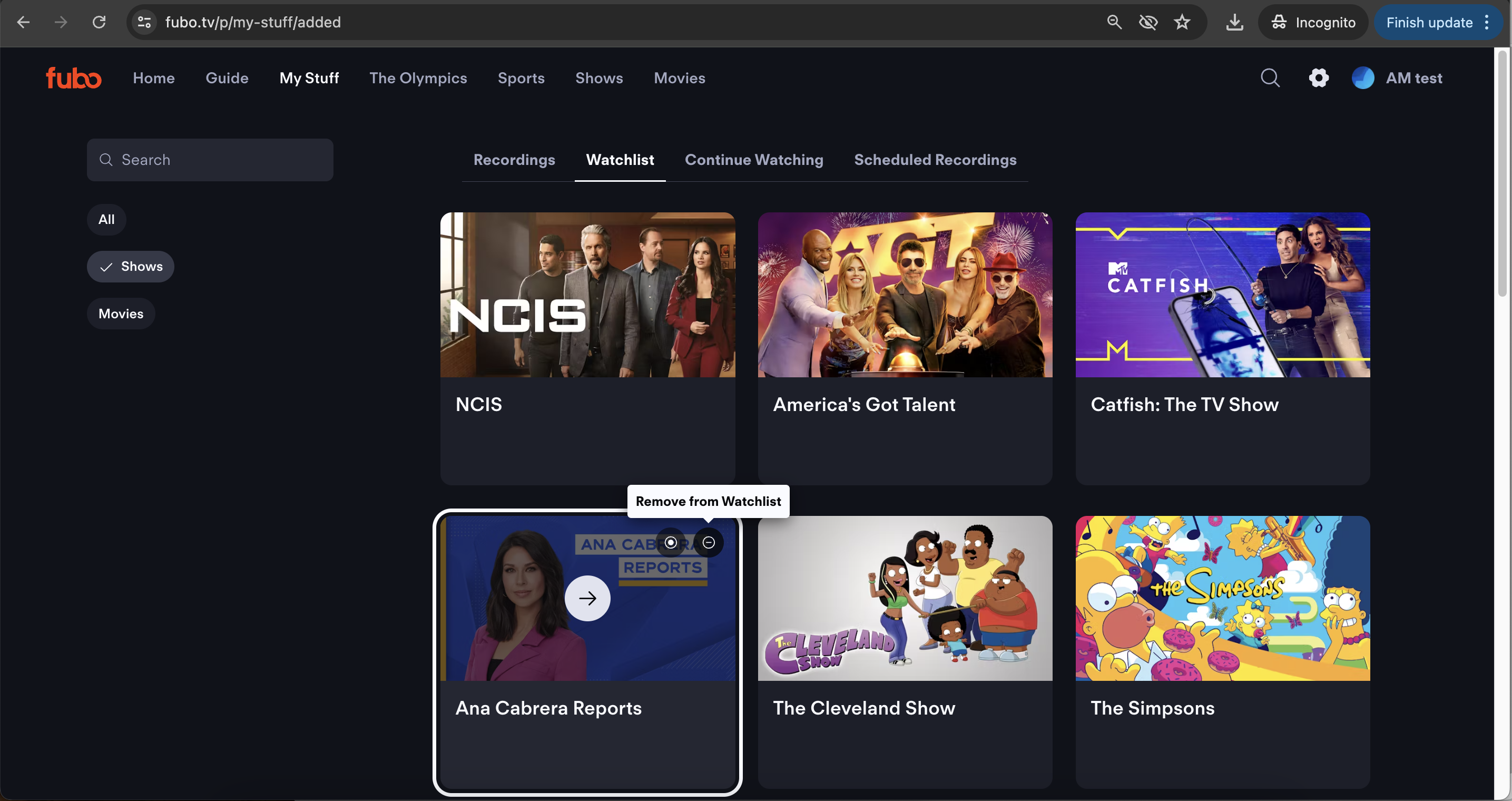 MY STUFF page from the FuboTV app on a web browser with the TRASH CAN icon highlighted, which will remove the series from MY STUFF