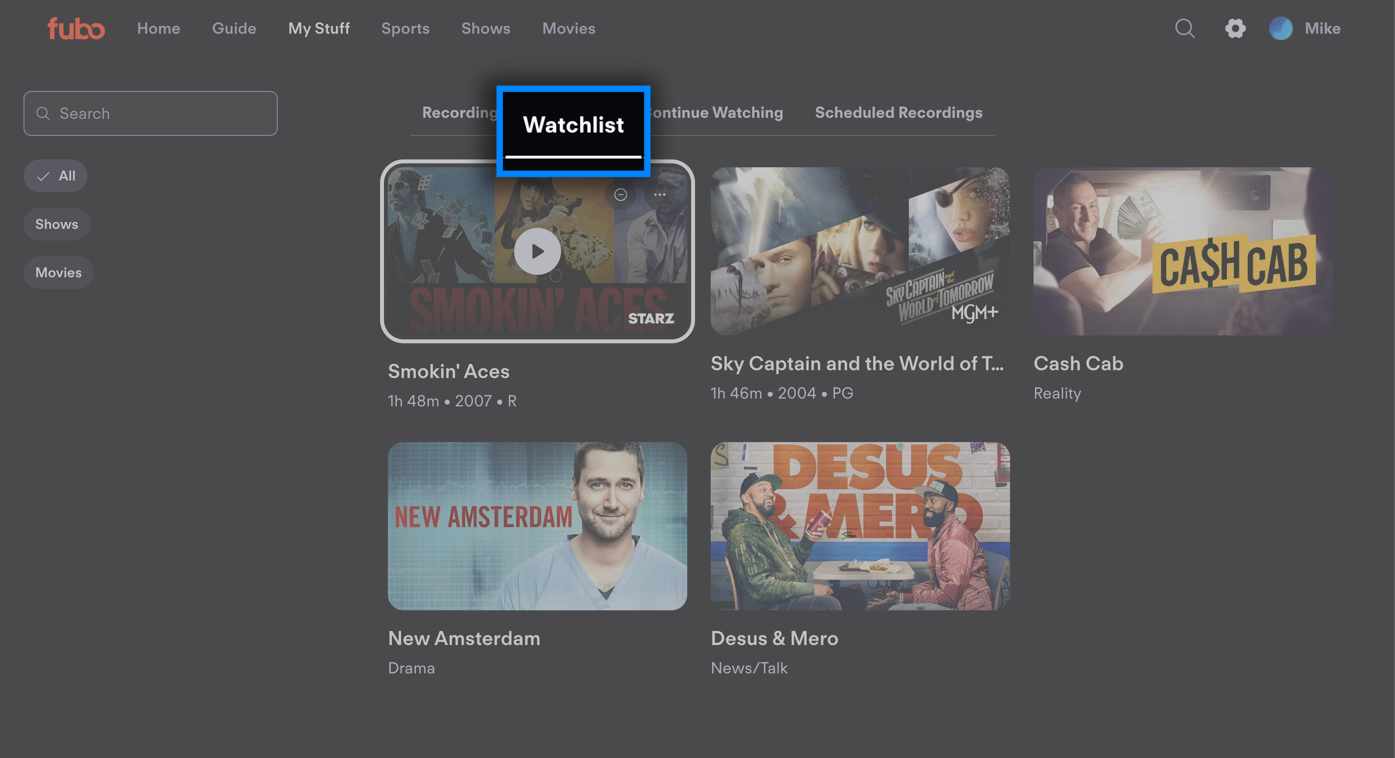 Watchlist screen of the MY STUF page on the Fubo website