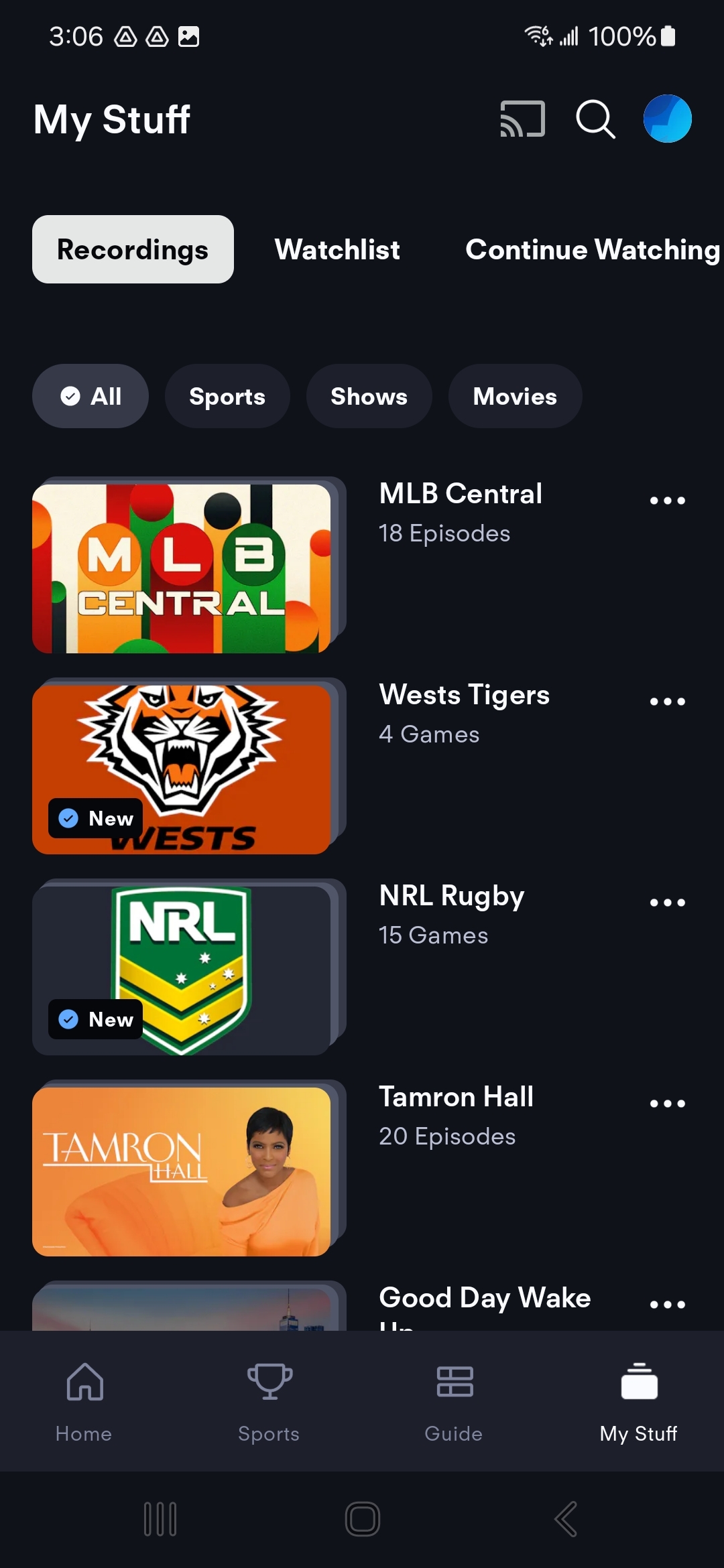 Recordings screen on the Fubo mobile app