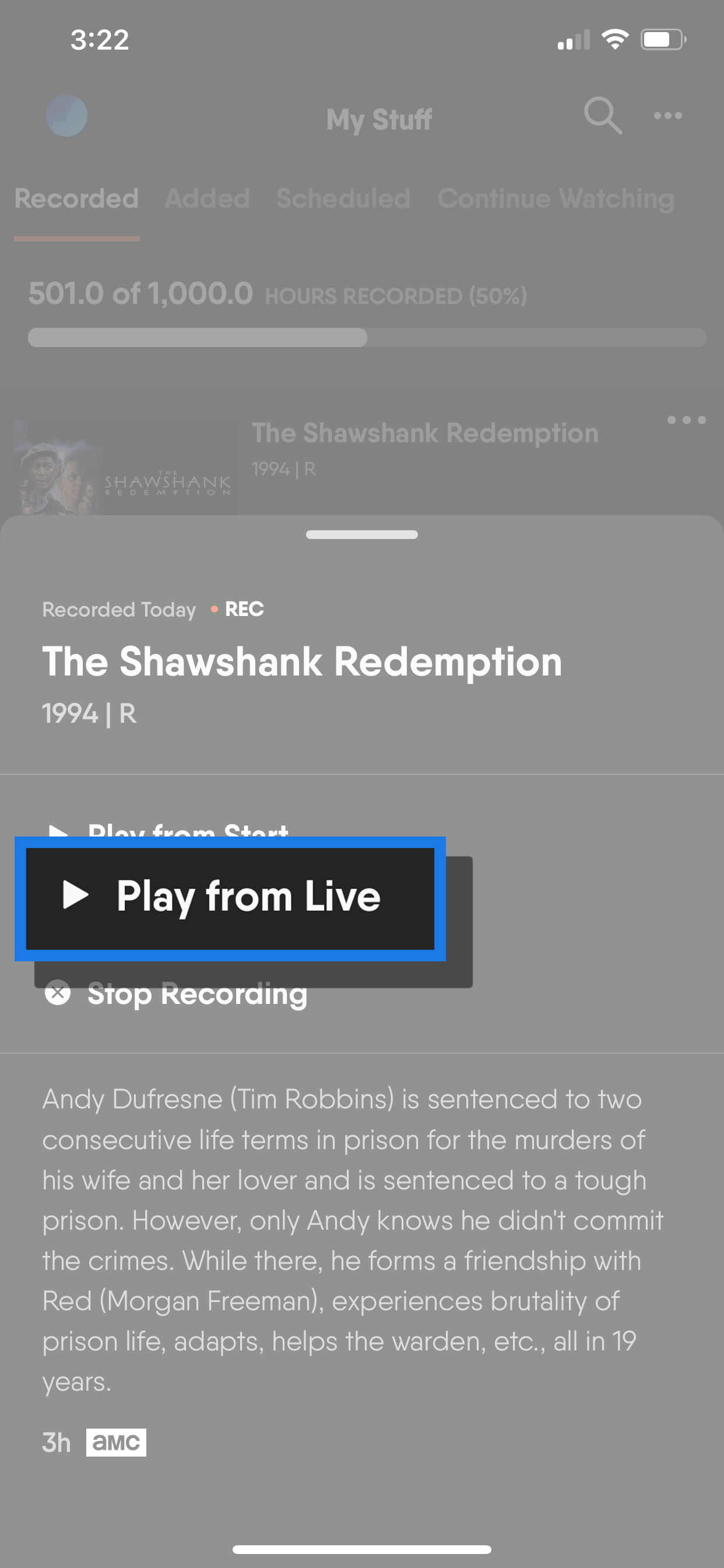 A context menu on the FuboTV app for a mobile device with Play from Live highlighted. Tapping this will play an in-progress DVR recording live and not from the beginning.
