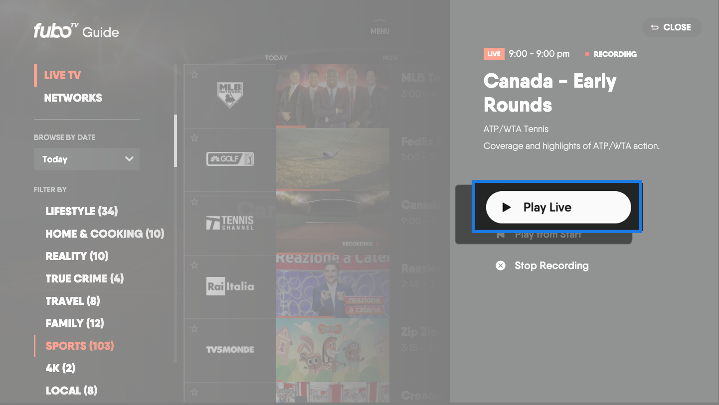 A context menu for an in-progress recording on the FuboTV app on a connected device with the Play Live option highlighted