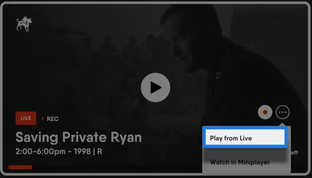 A program on FuboTV on a browser with the Play button highlighted. Clicking this will play a recording program live.