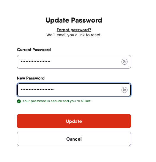 Update password screen with current and new password entered
