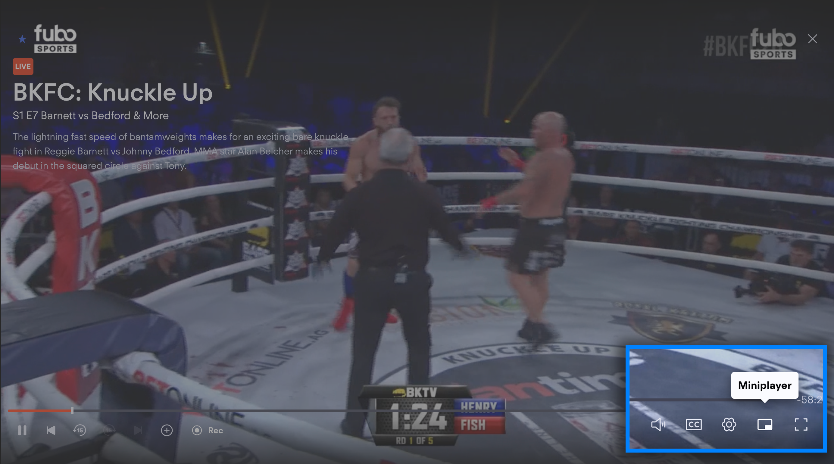 Clicking the picture-in-picture button for the FuboTV browser app will open video in a miniplayer along the bottom of the screen