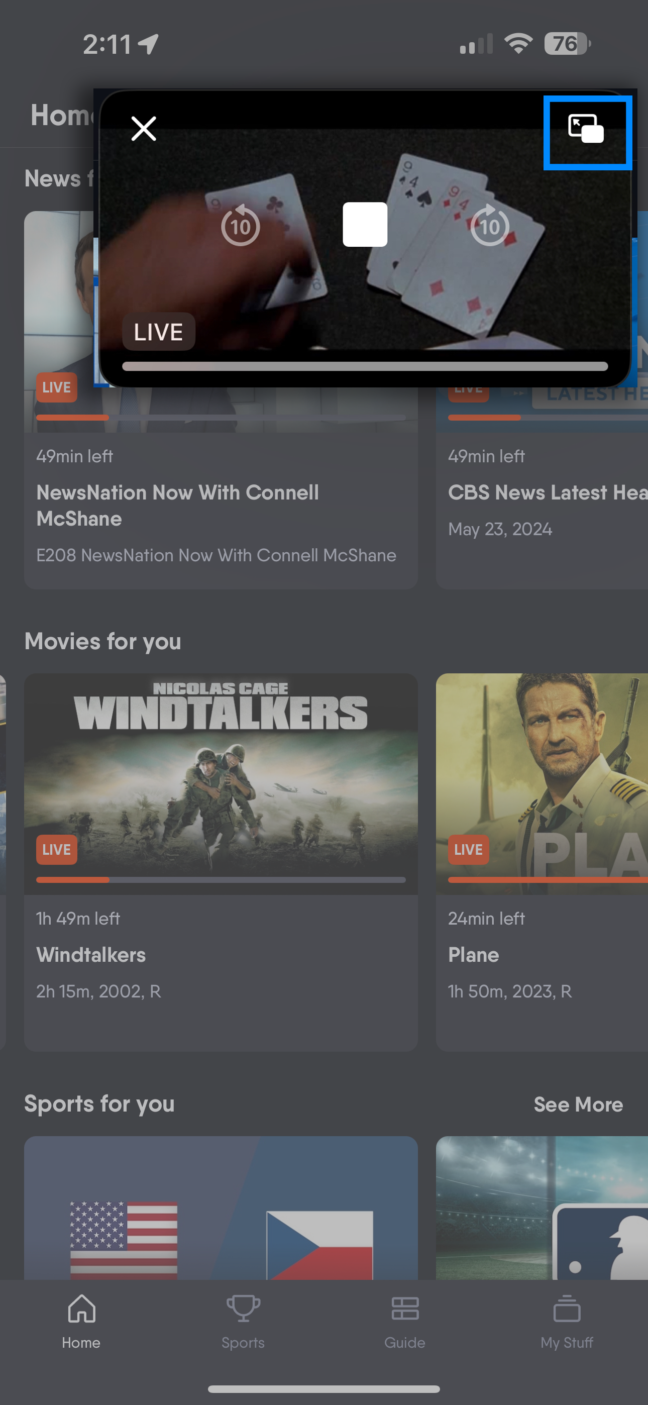 Once changed to a new channel, tap the mini-player icon to return to fullscreen view