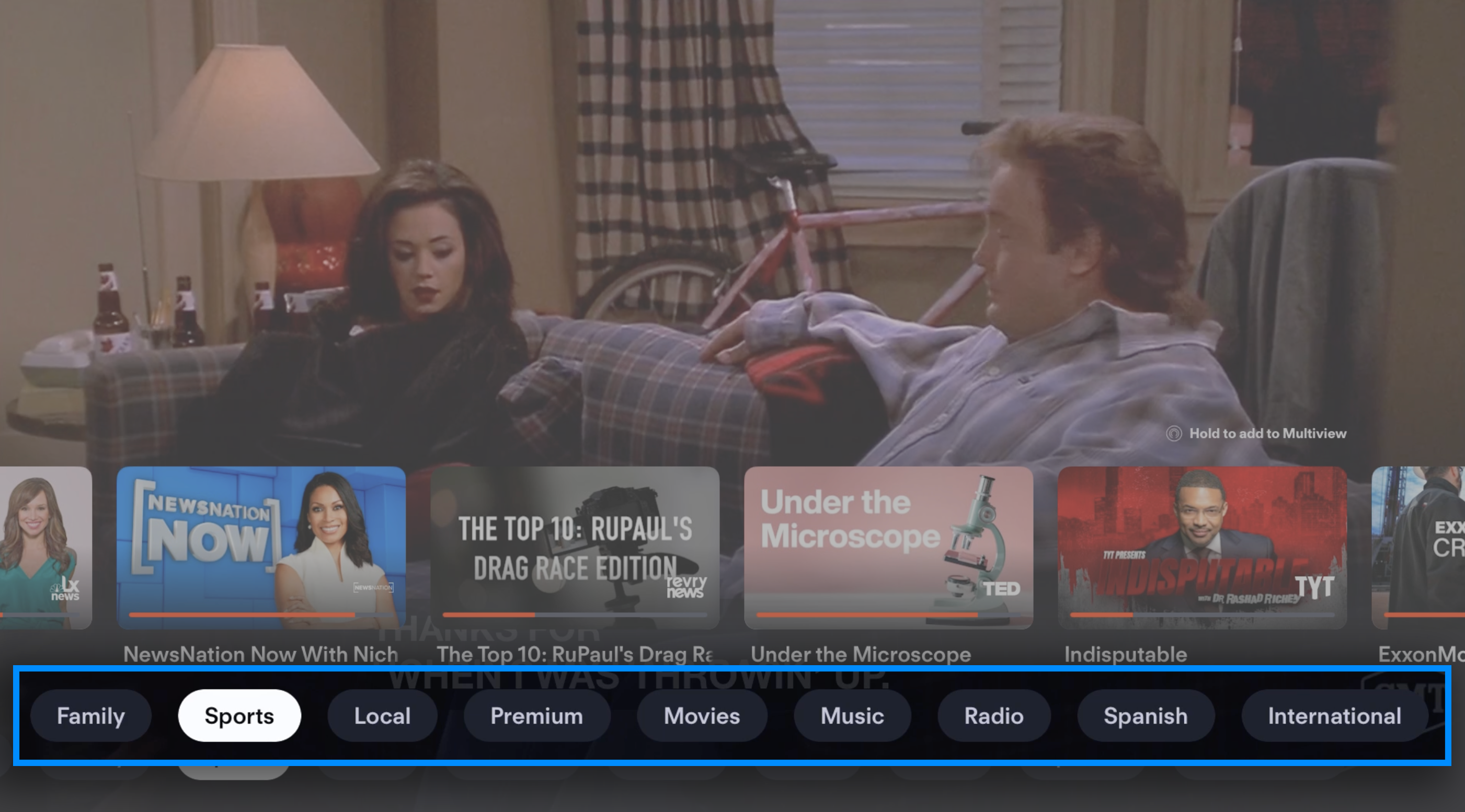 Selecting a channel genre from the browse while watching menu in the Fubo app