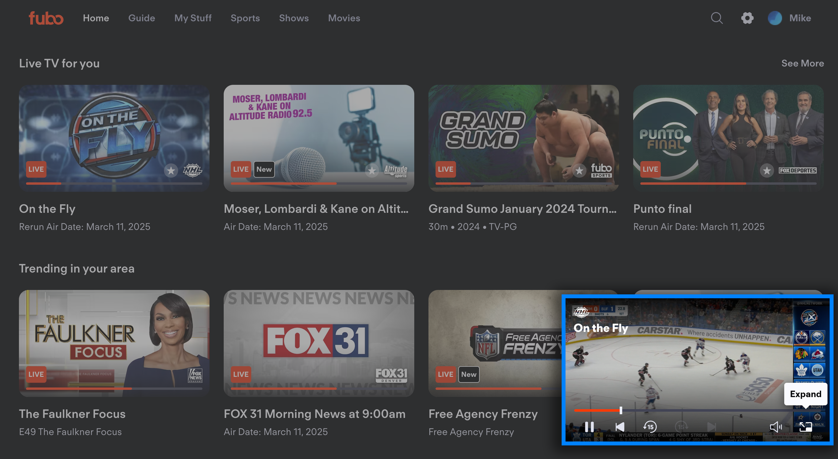 Clicking the picture-in-picture button on the FuboTV browser mini-player will return to a fullscreen view