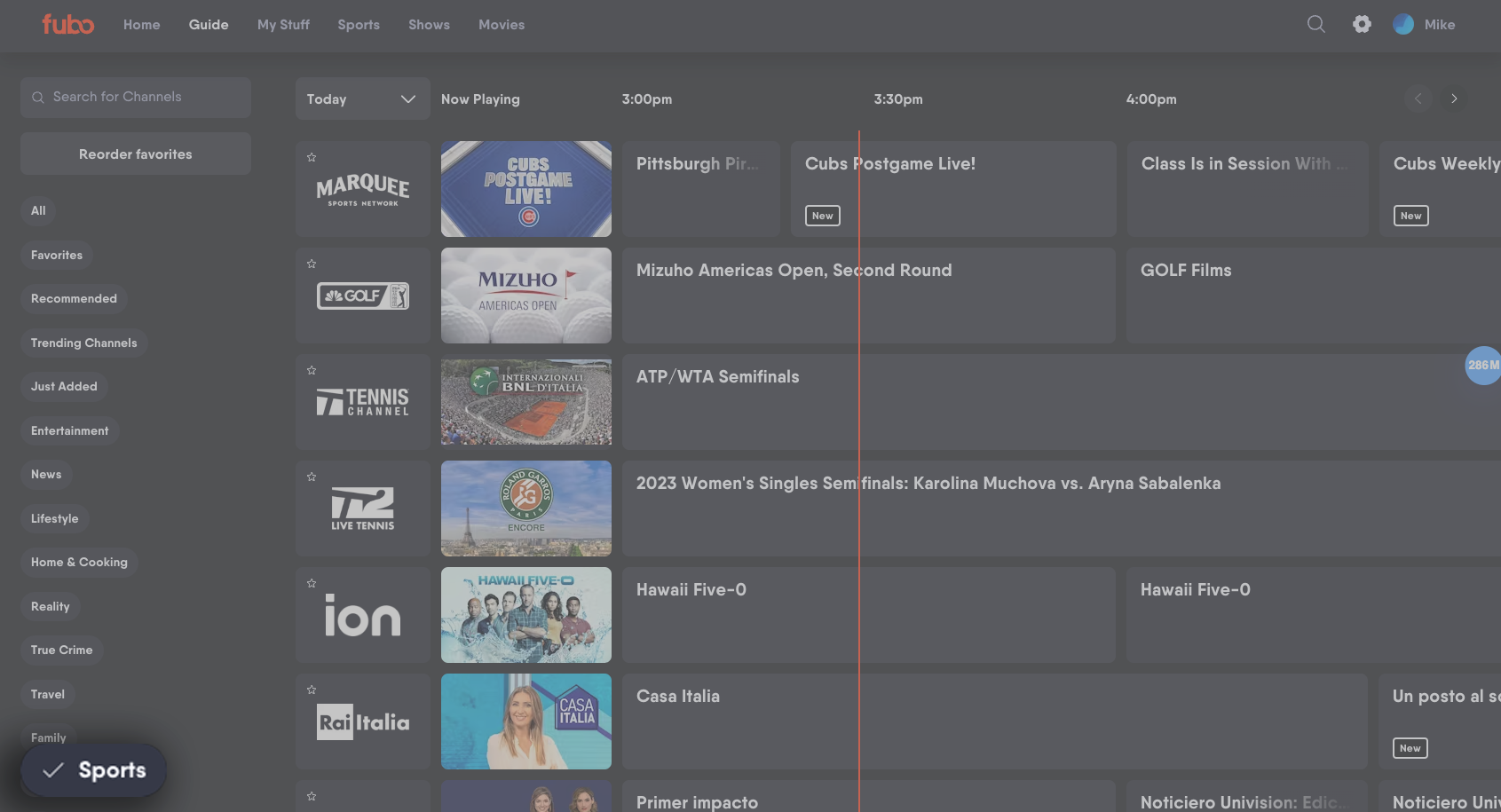 Fubo channel guide showing the sports filter