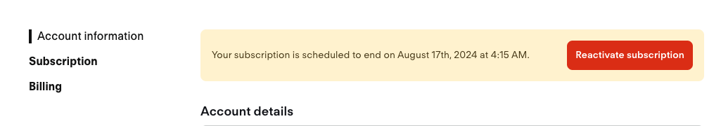 Subscription and billing section of a FuboTV account that has been scheduled to cancel