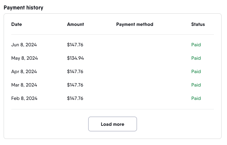 Billing history of a Fubo account with multiple payments