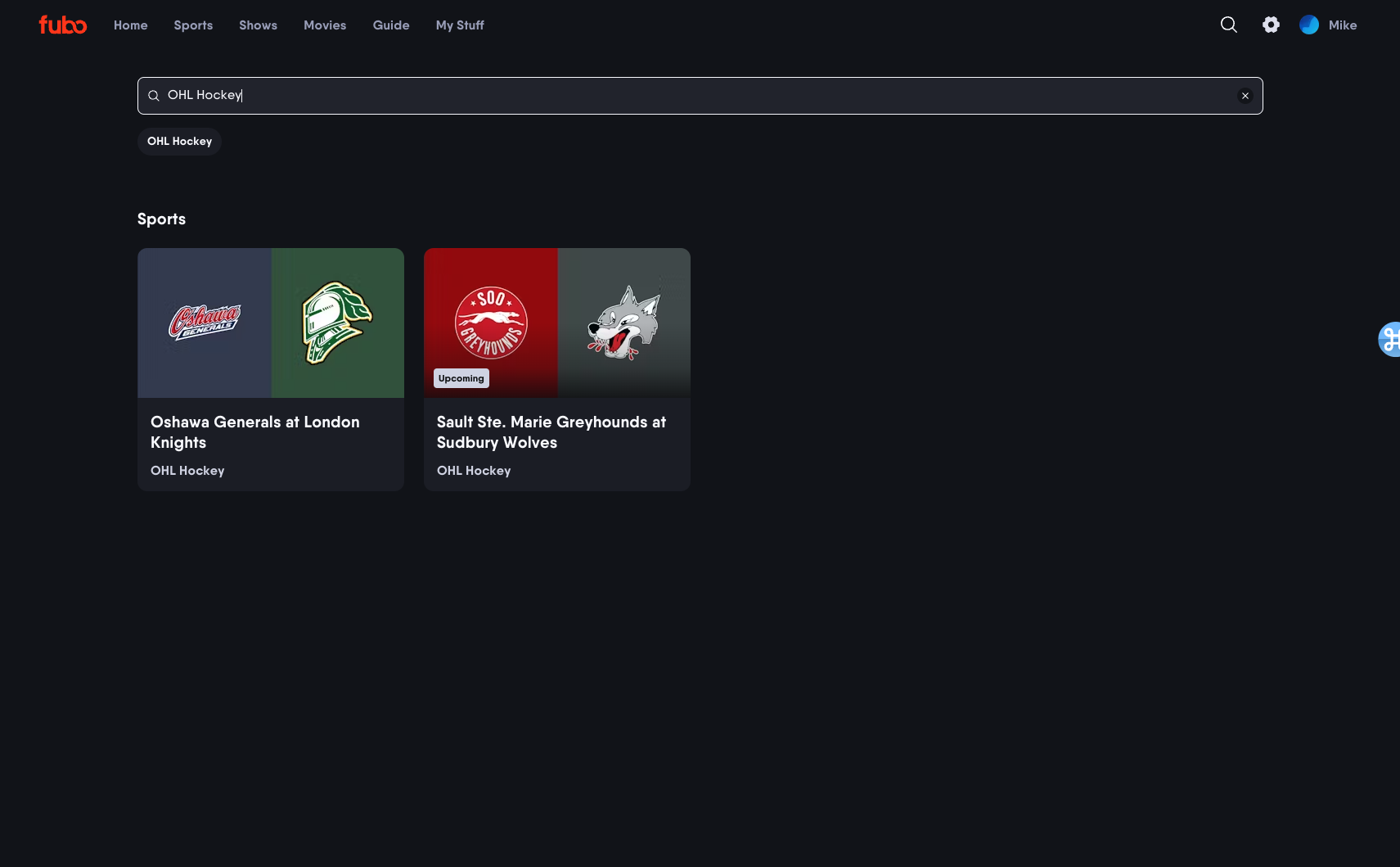 Search results screen of Fubo on a browser based on the selected search term