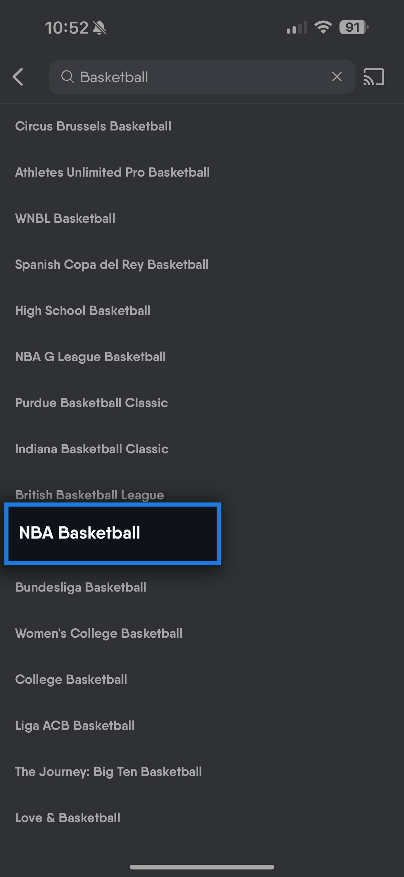 Search results based on the entered search term in the Fubo app on a mobile device