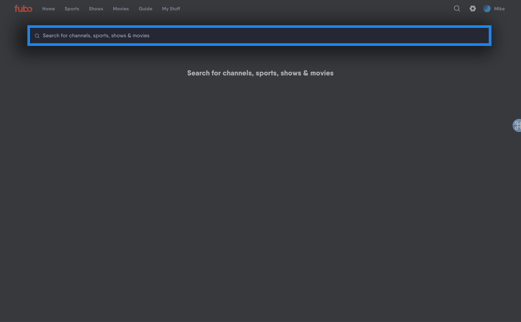 Search term being entered on Fubo from a browser with suggestions populating below