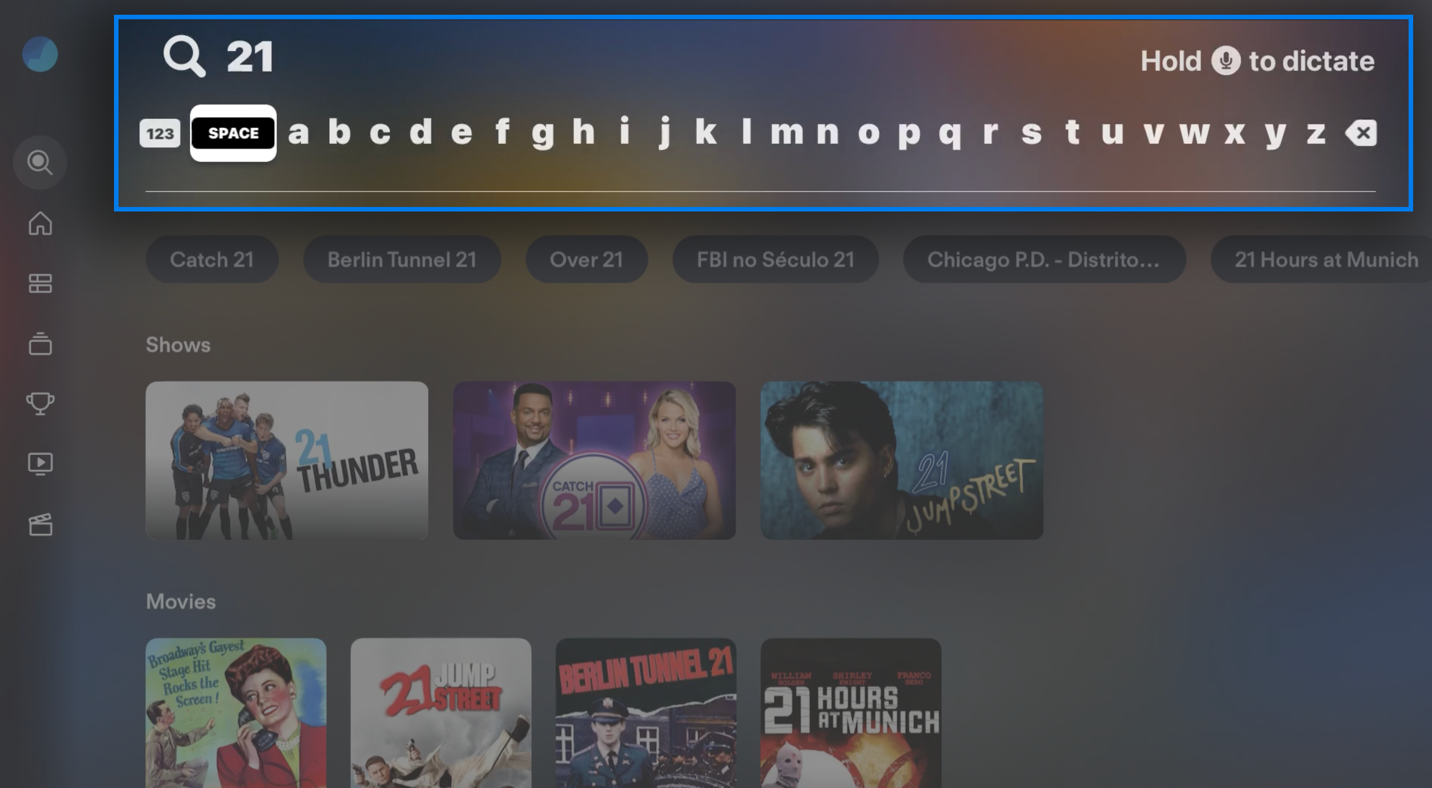 SEARCH screen of the Fubo app on a connected device with on-screen keyboard; use device remote to enter a search term