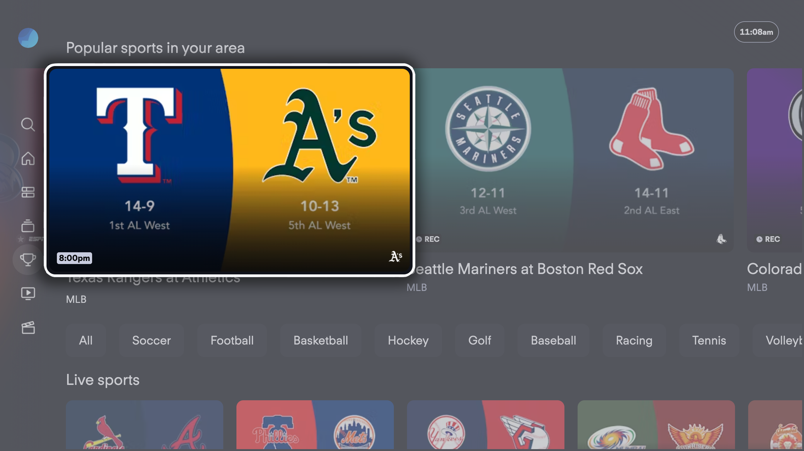 The SPORTS screen of the FuboTV app on Amazon Fire TV with an upcoming baseball game highlighted