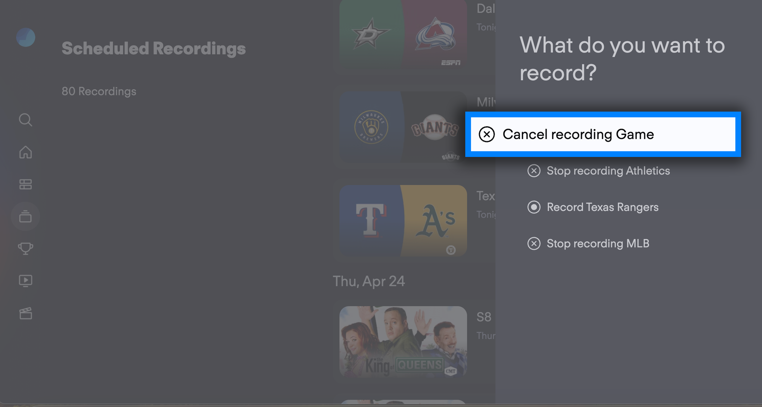 SCHEDULED recordings for a baseball team on the MY STUFF page for the FuboTV app on Amazon Fire TV with STOP RECORDING TEAM option highlighted