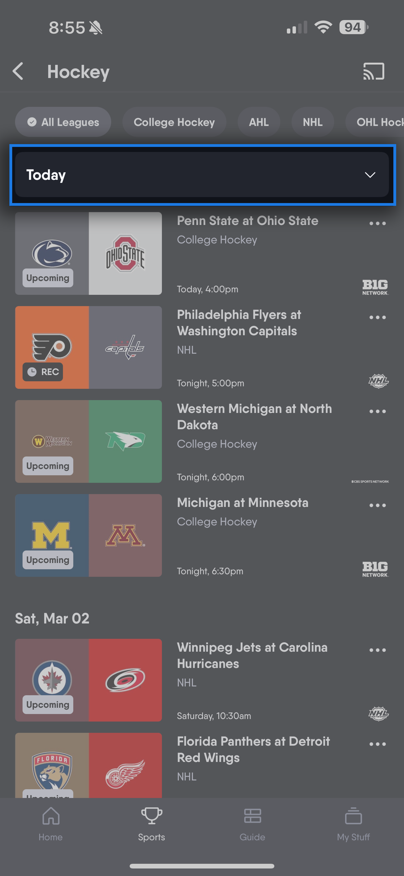 Date filter of the Sports screen of the Fubo app on iOS
