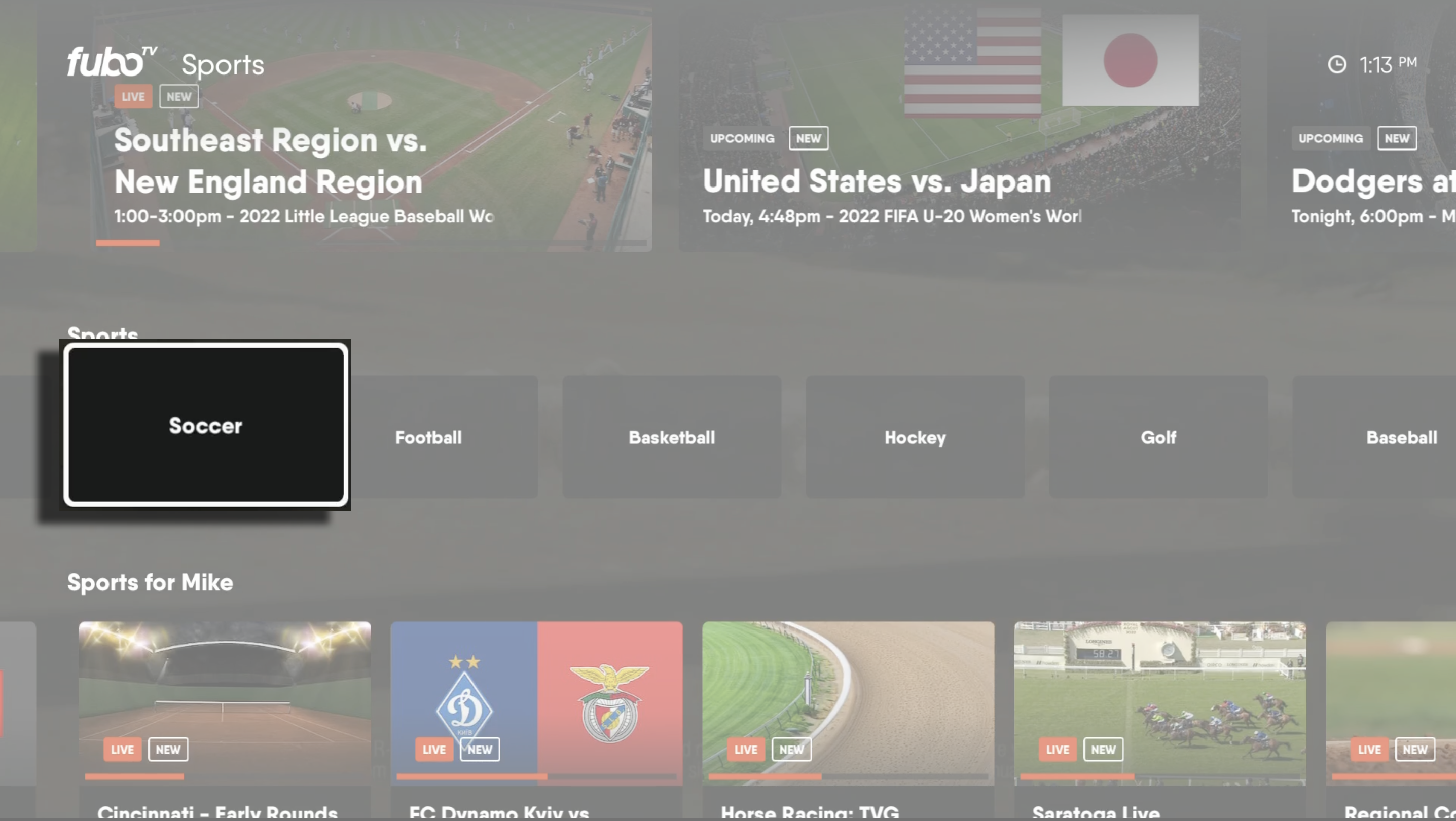 Sports screen of the FuboTV app on an Apple TV with the SOCCER filter highlighted