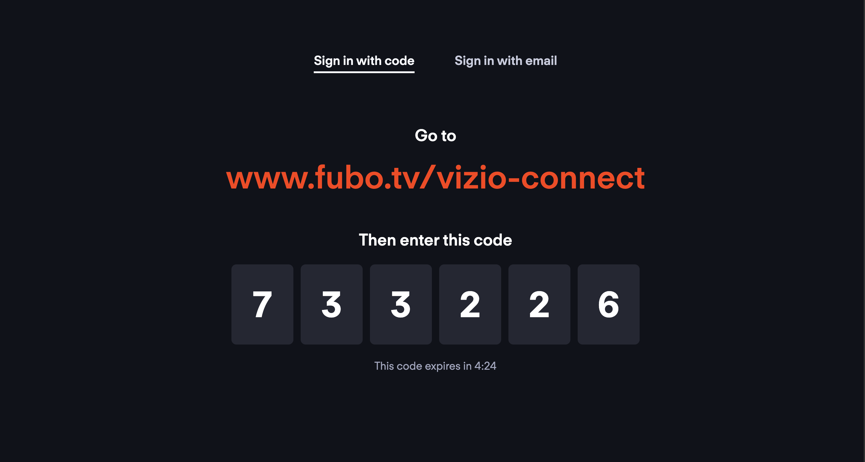 Activation code displayed on the Fubo app; code is an example only