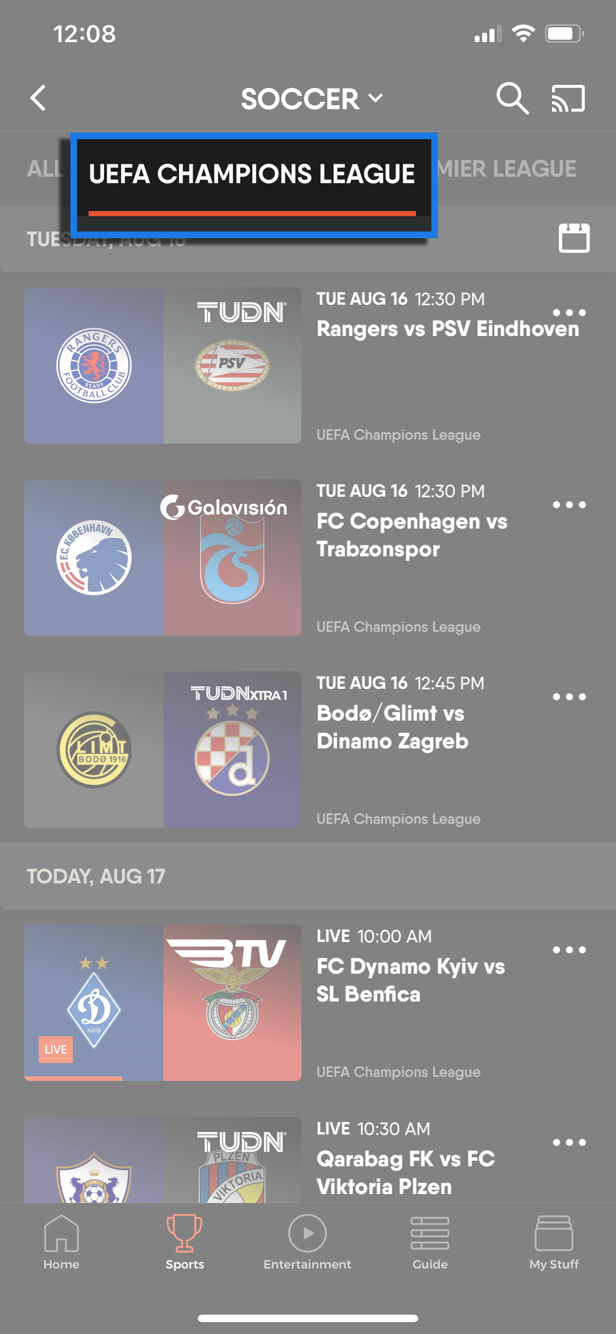 Sports screen of the FuboTV app on a mobile device with the soccer sports filter selected and UEFA Nations League league filter selected and highlighted