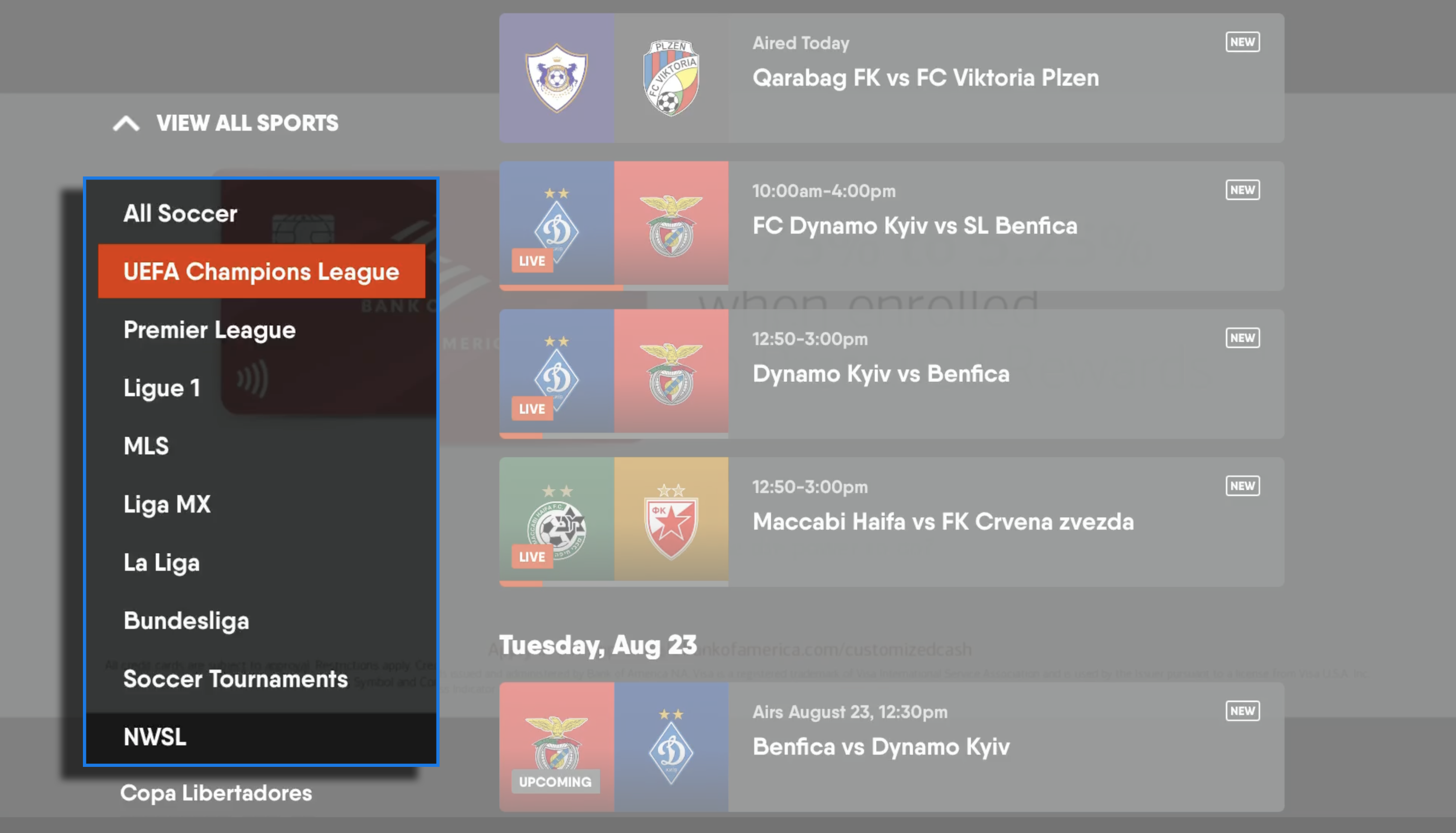 Sports screen of the FuboTV app on an Apple TV with league filters highlighted and the cursor over UEFA Champions League