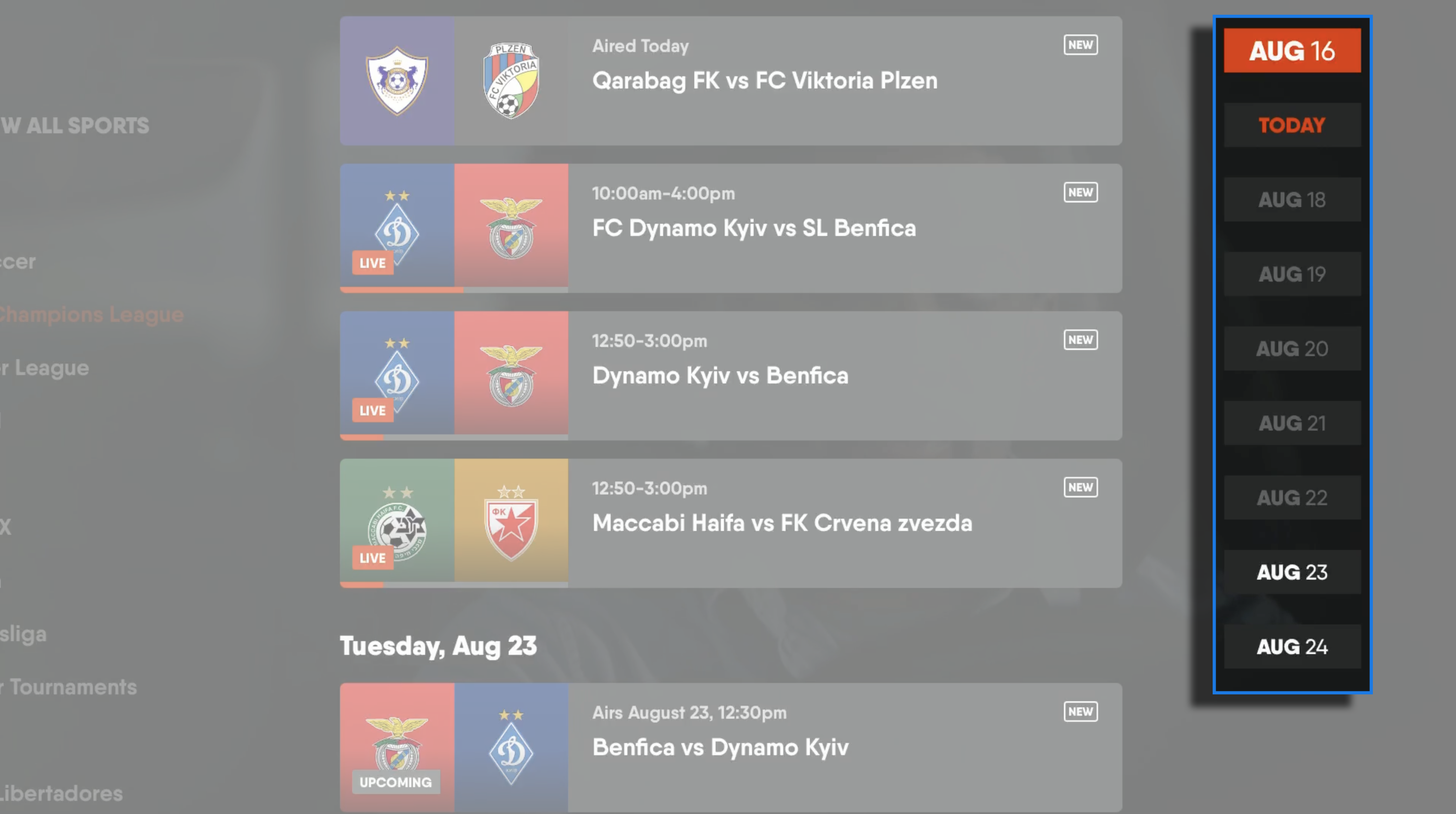 Sports screen of the FuboTV app on an Apple TV with date selection highlighted on the right