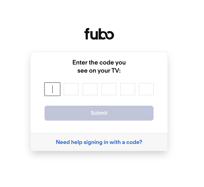 Code entry screen at fubo.tv/connect; enter the code shown on your TV and press Submit