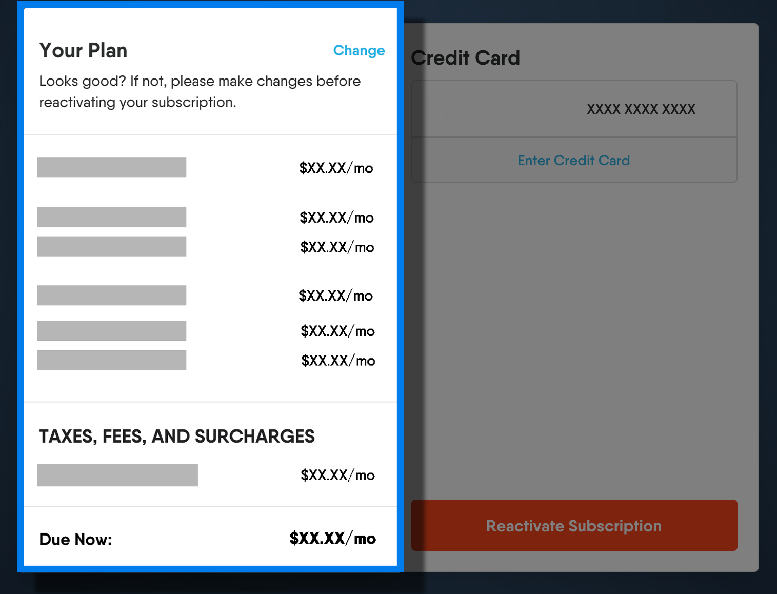 Fubo Welcome Back page with YOUR PLAN overview highlighted