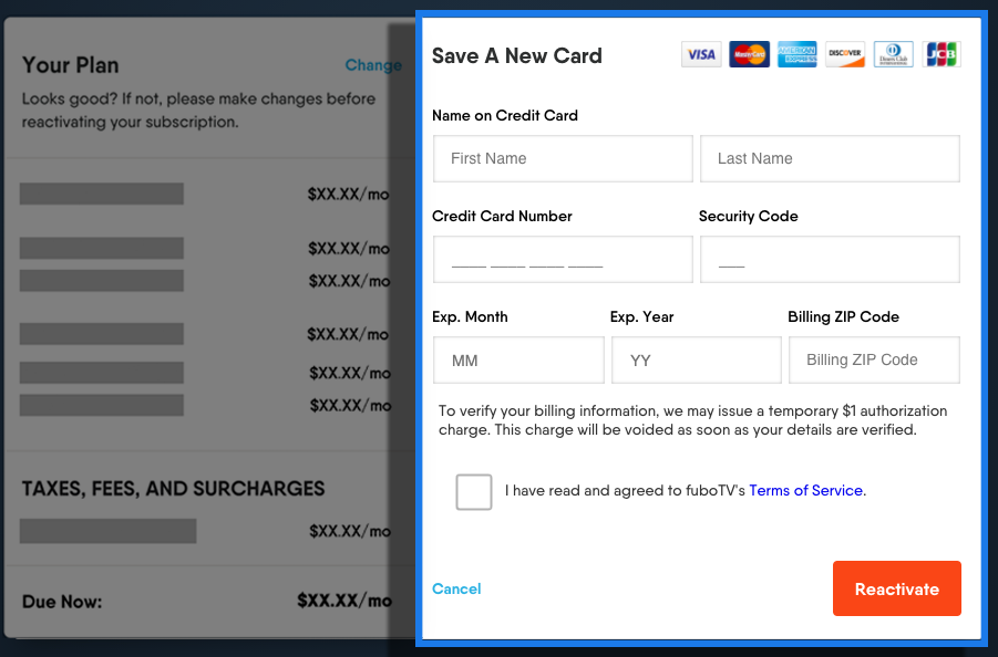 Card details entry screen for reactivating a Fubo account; select REACTIVATE when finished