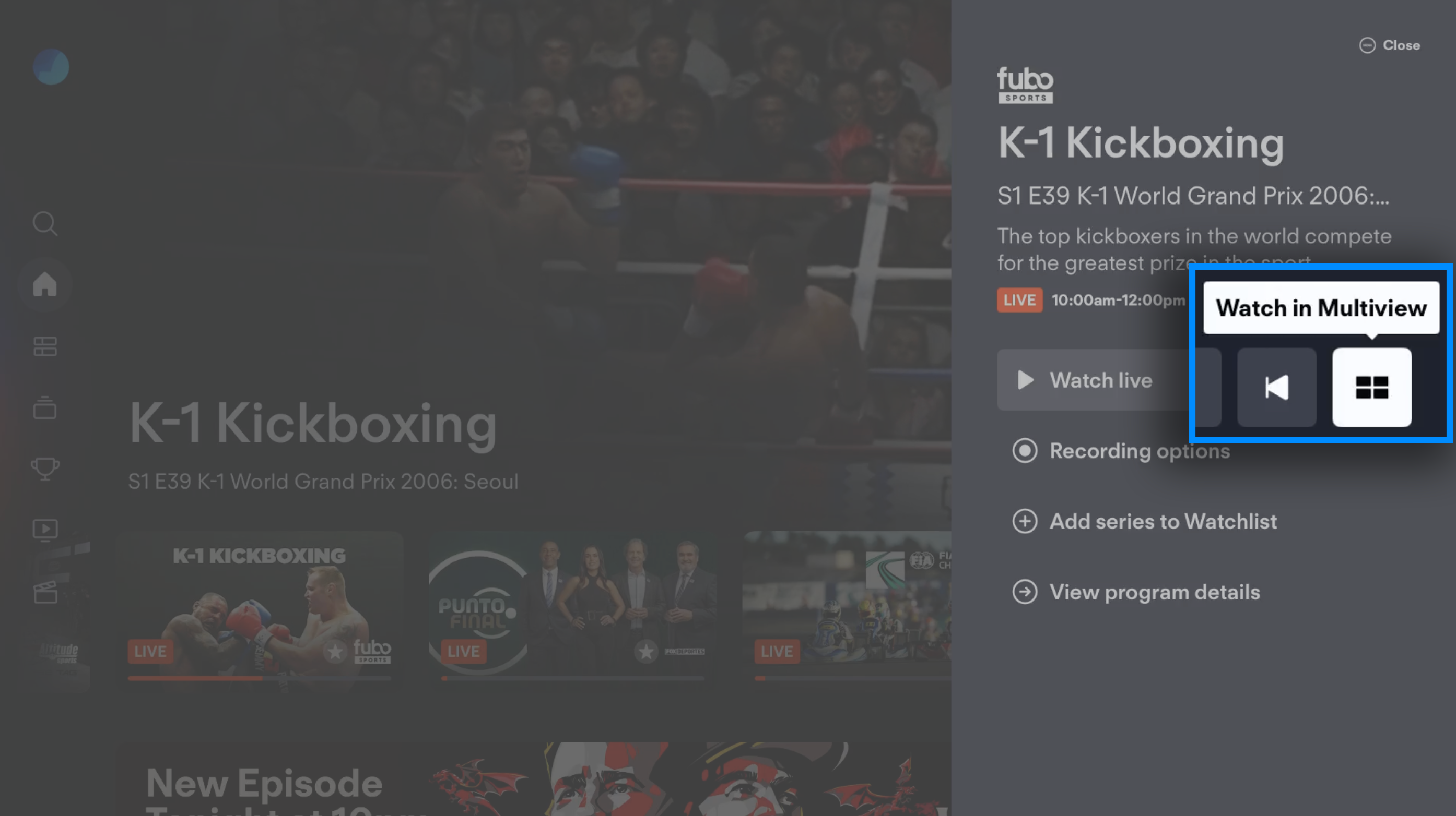 Select Multiview from the context menu of the Fubo app on Apple TV