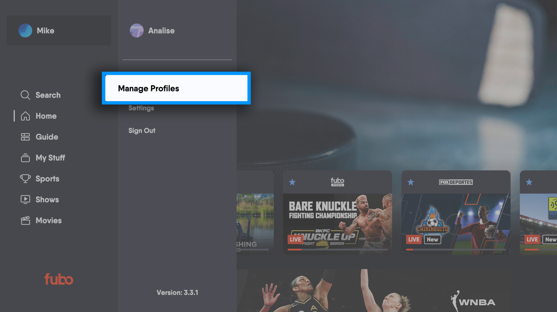 Profile sub-menu on the main navigation of the Fubo app