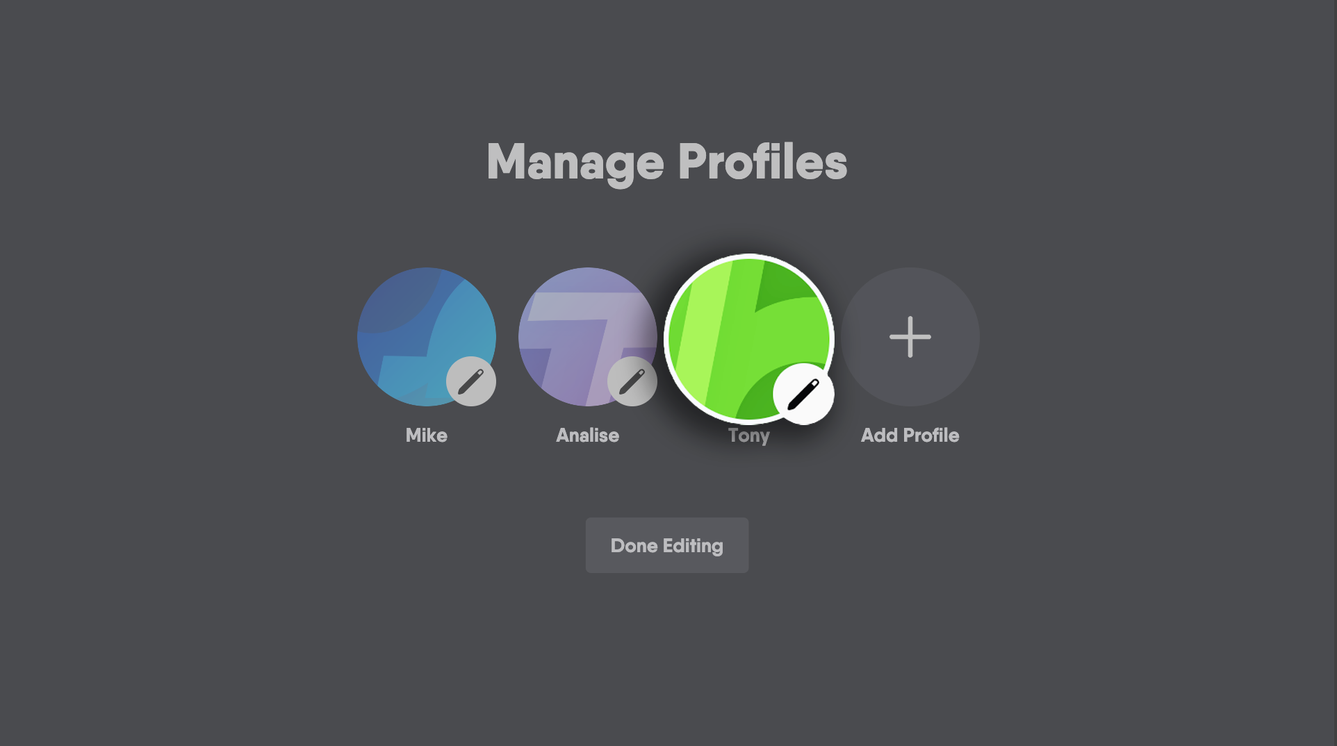 Edit profile screen with available profiles to edit