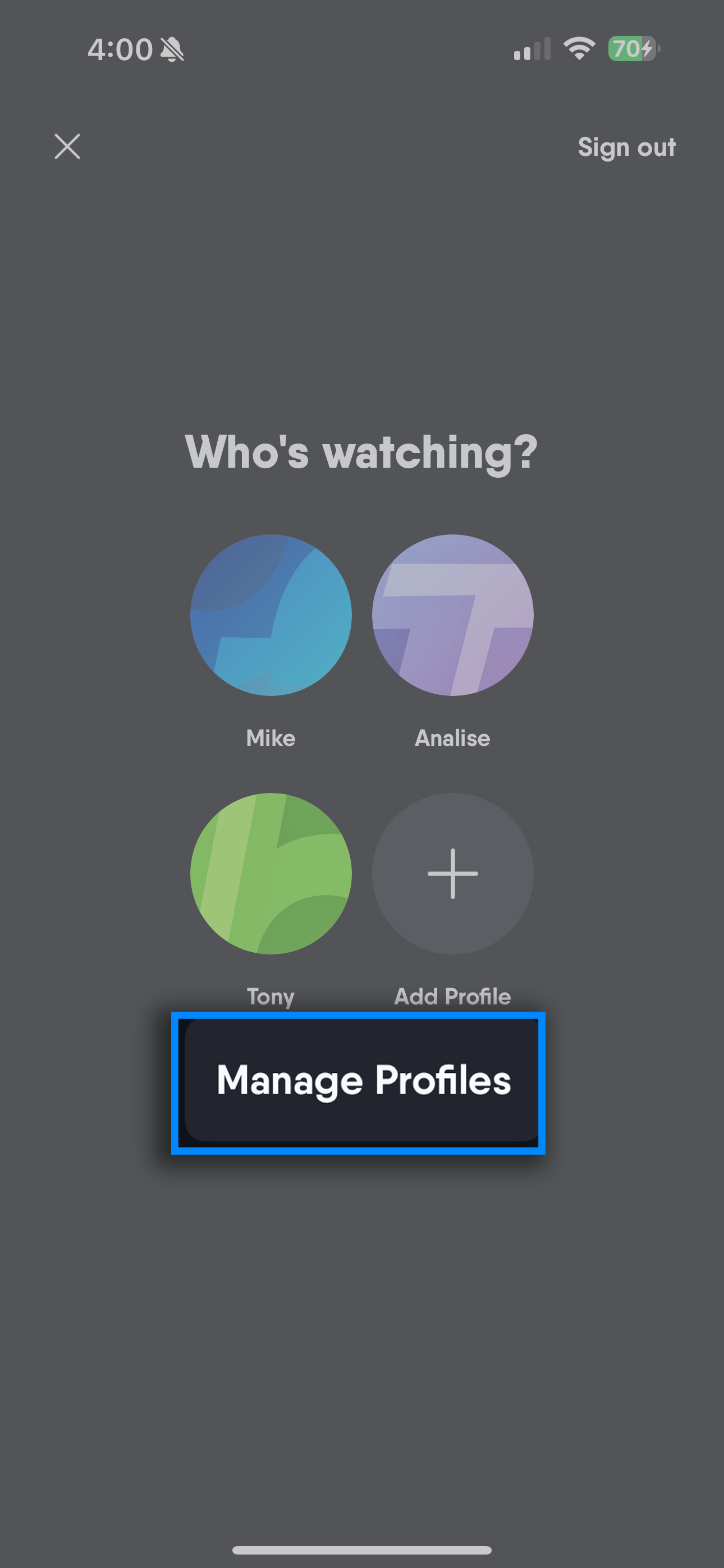 Available profiles of an account in the Fubo mobile app; tap Manage Profiles to edit