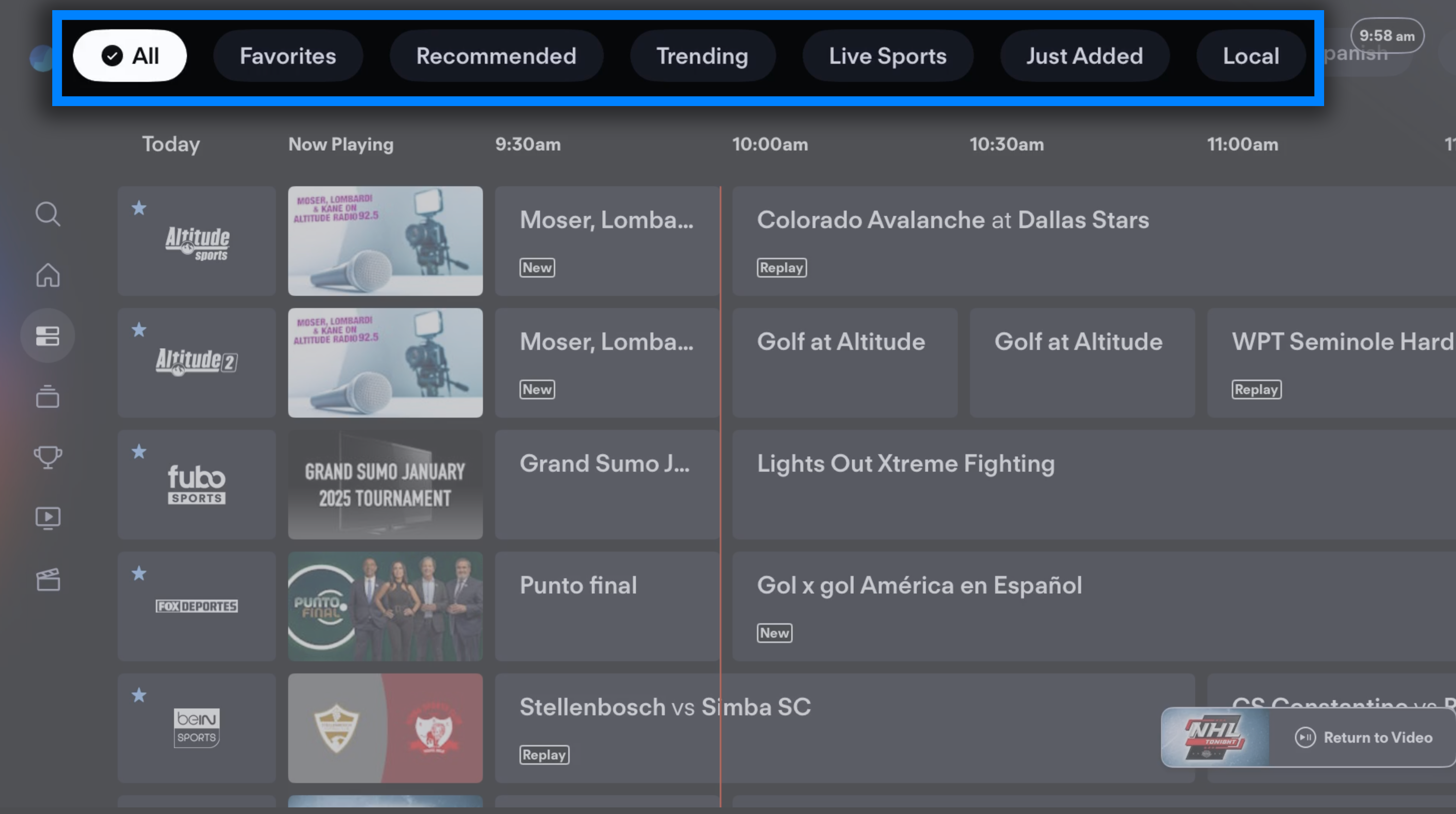 Guide filters of the Fubo app on a connected device are located at the top of the screen; scroll left or right to view more filter options