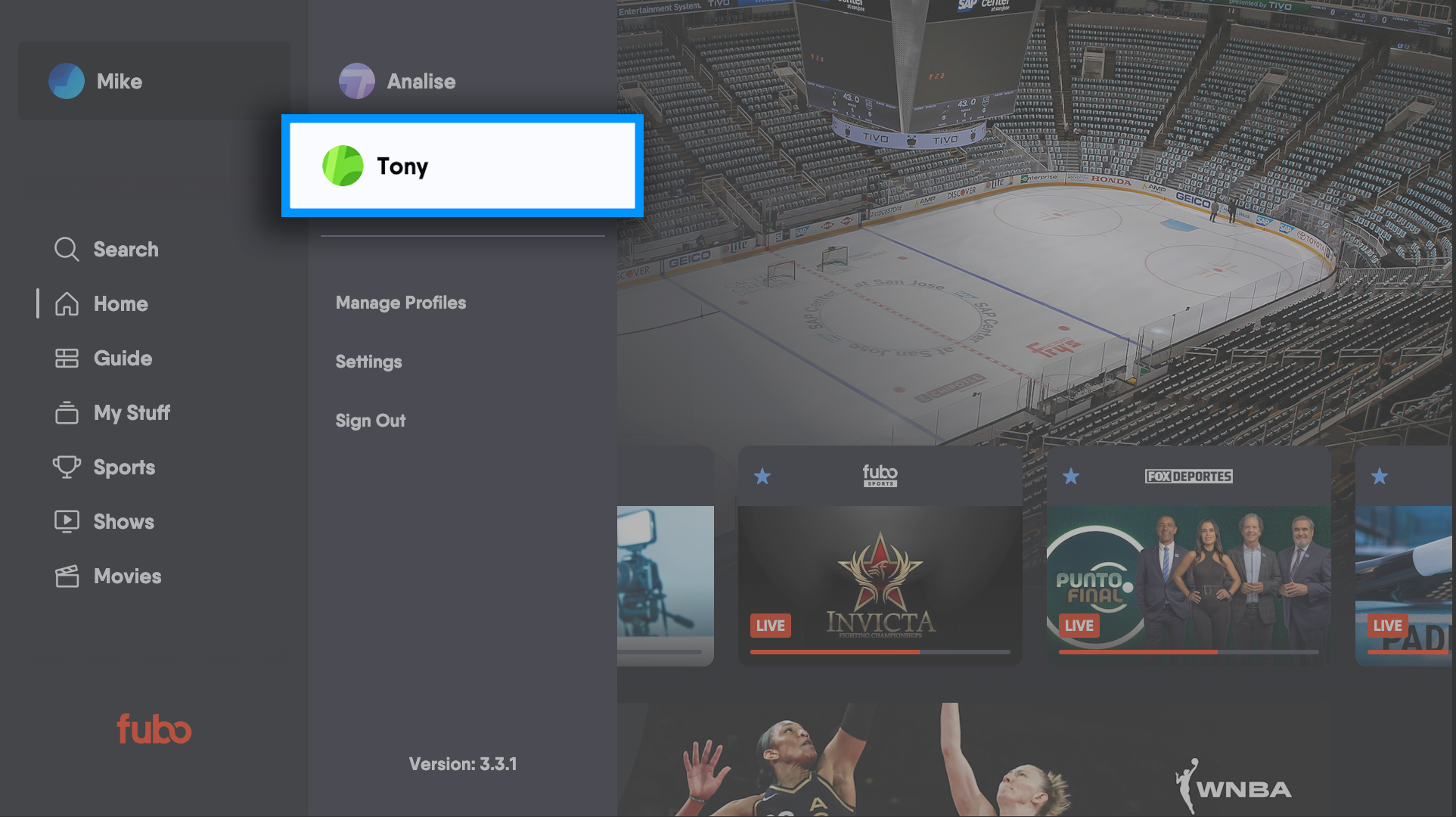 Profile menu of the Fubo app with alternate profile selected